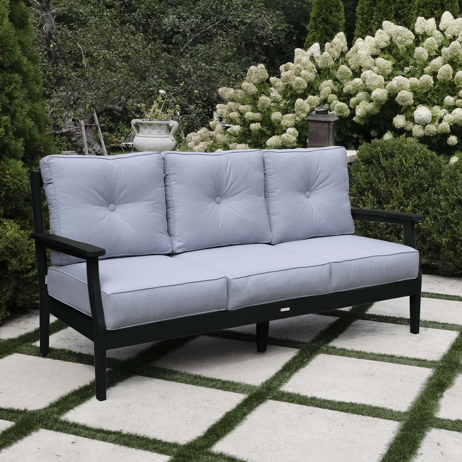 Blushing Bay 3 Person Recycled Plastic Sofa in Bliss Dew/Black by Lakeview Outdoor Designs - Left Angled - Lifestyle thumbnail