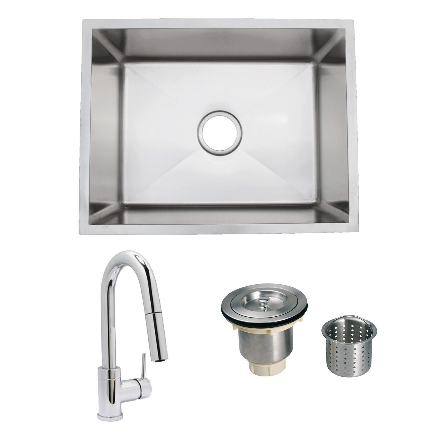 Huntington Brass R-ZS-2718 + HBK1823301-J + LI-XD Urban Place Radial 27 X 18 Stainless Steel Outdoor Sink with Huntington Brass Dual Spray European Style Pull Down Faucet and Strainer Basket - Bundle - White Background thumbnail