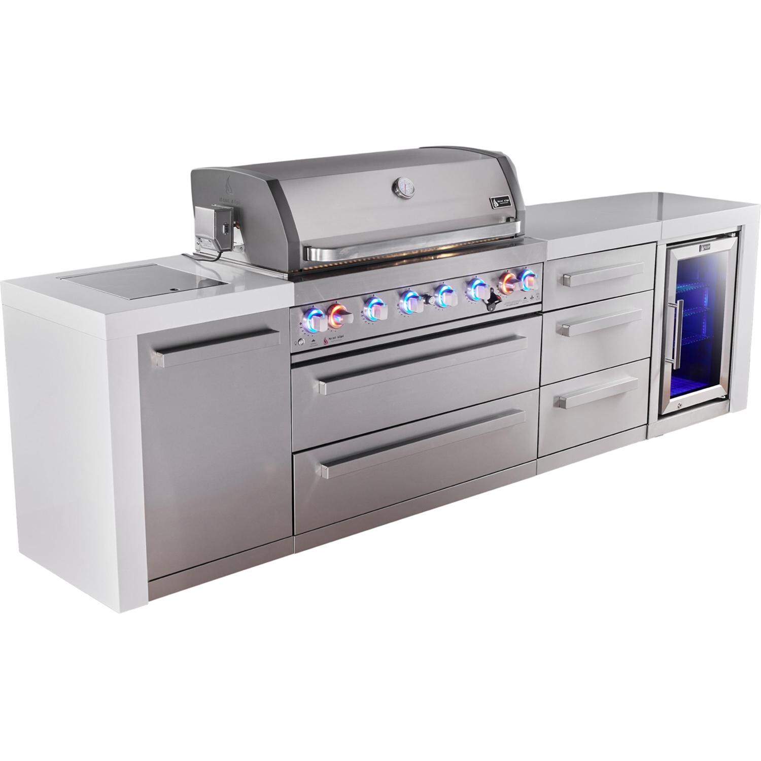 Mont Alpi Deluxe Series 10 Ft Natural Gas Outdoor Kitchen Island w/ 44-in Grill, Side Burner, Fridge & Triple Drawer (Ships Propane w/ Conversion Kit) - Angled Left - White Background thumbnail