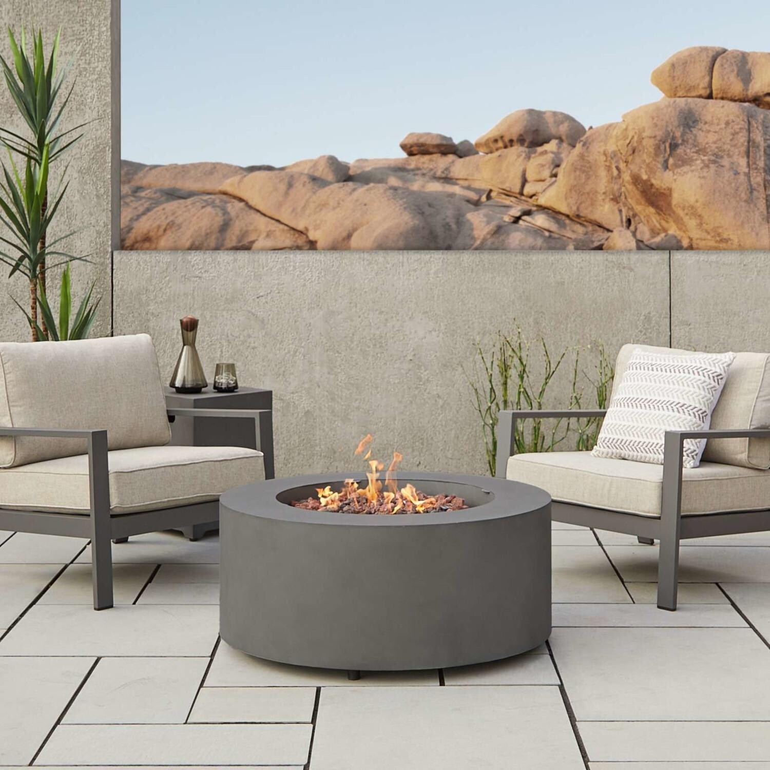 Elysian 4 Pc Powder Coated Steel Seating Set w/ 36 Inch Round Fire Pit in Weathered Slate by Lakeview - Set - Lifestyle thumbnail