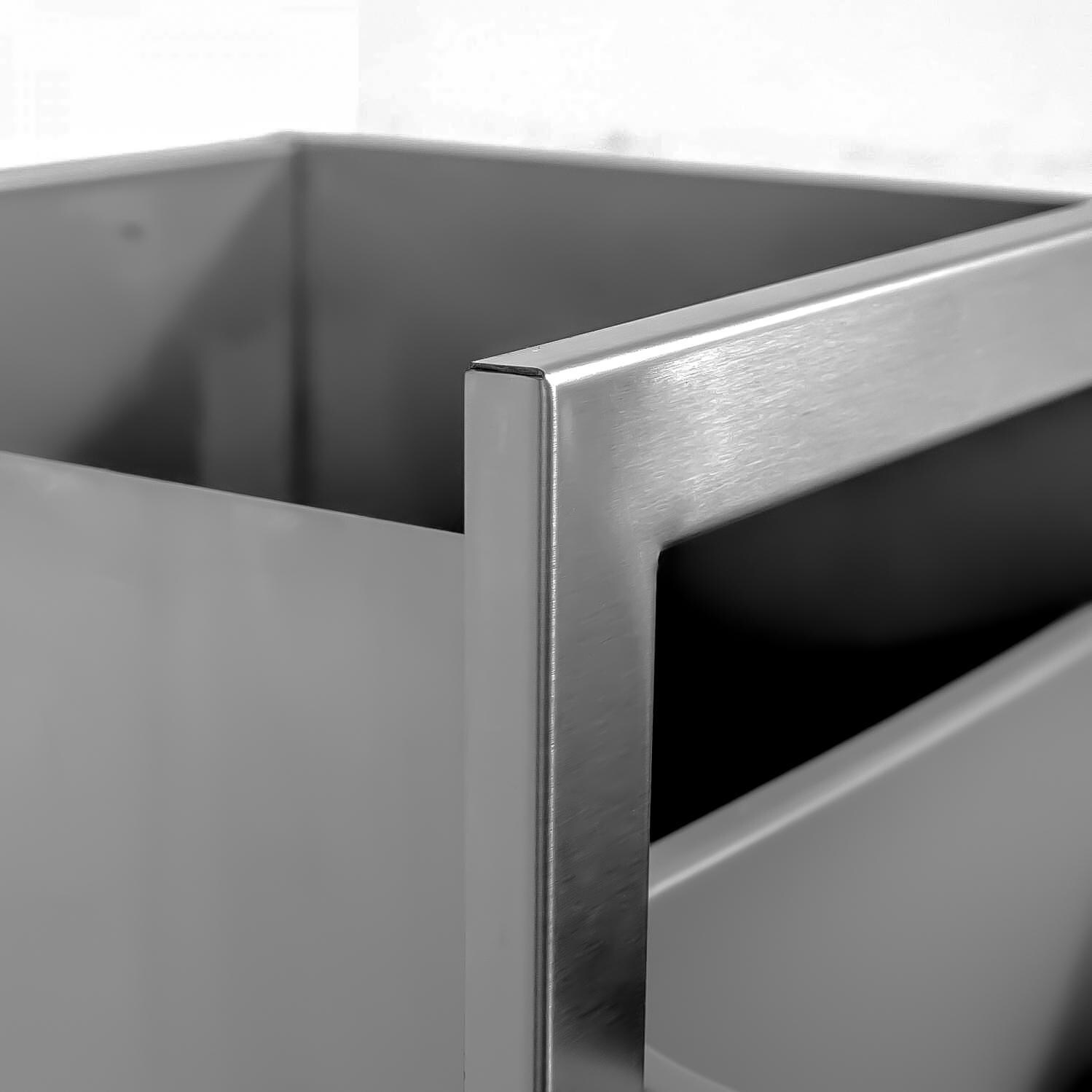BBQGuys.com Aspen Series 19-Inch Roll-Out Double Stainless Steel Trash / Recycling Bin - Corner Detail thumbnail