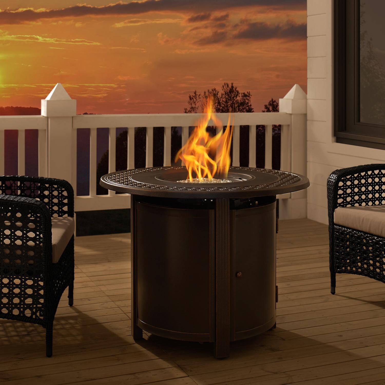 Lion Sands 34 Inch Round Aluminum Propane Fire Pit Table in Antique Bronze by Ultimate Patio