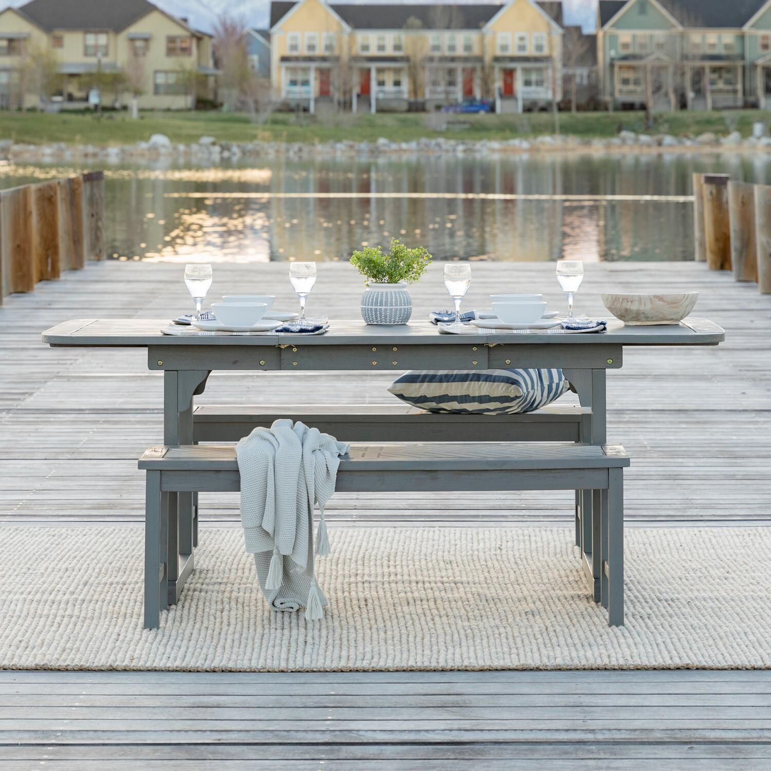 Ultimate Patio Wishlake 3 Piece Acacia Patio Dining Set W/ 55-79 X 35 Inch Extension Rectangular Table - Gray Wash - Lifestyle thumbnail