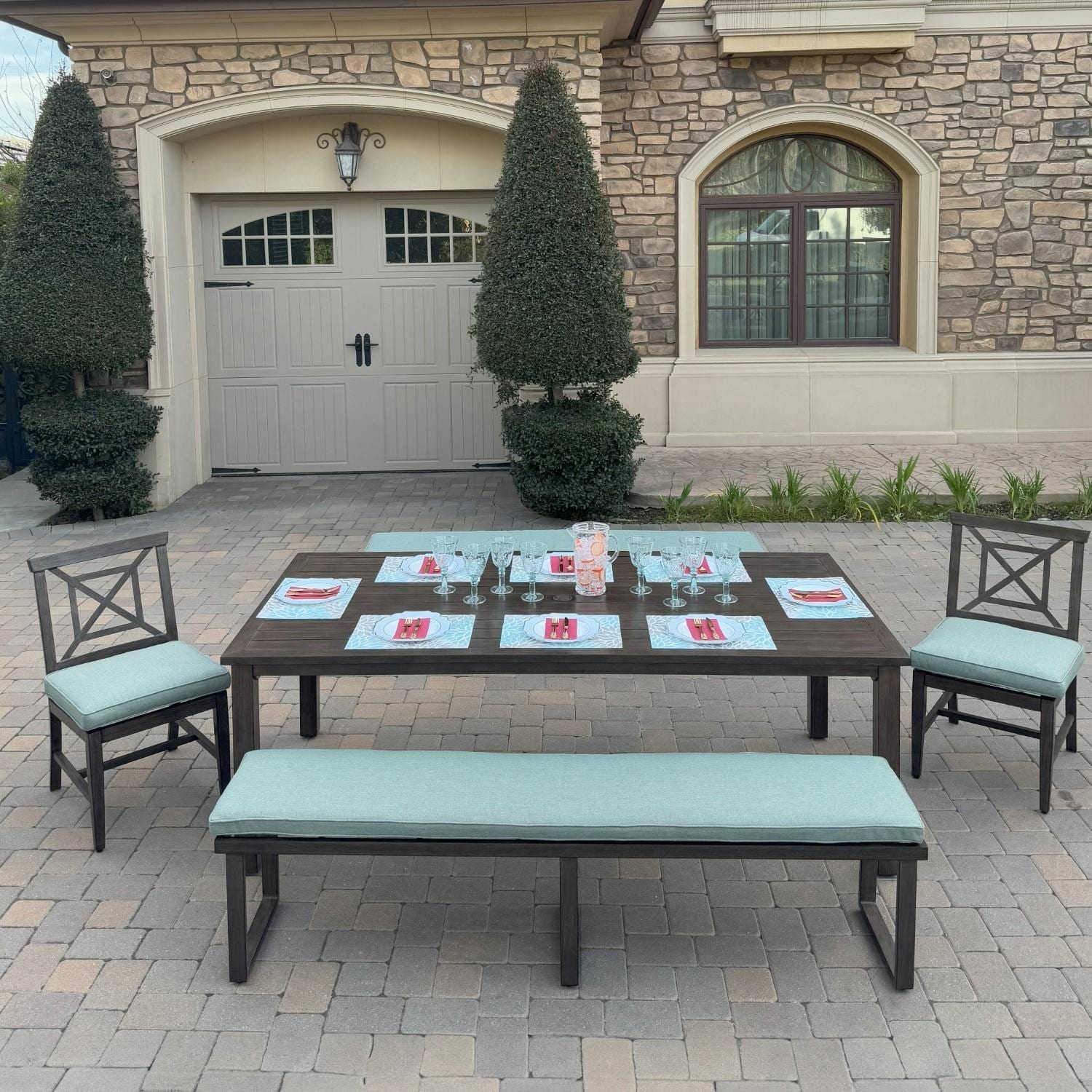 Atlantis 5 Pc Aluminum Dining Set w/ 2 Dining Side Chairs & 2 Three Person Benches in Walnut/Spa by Darlee