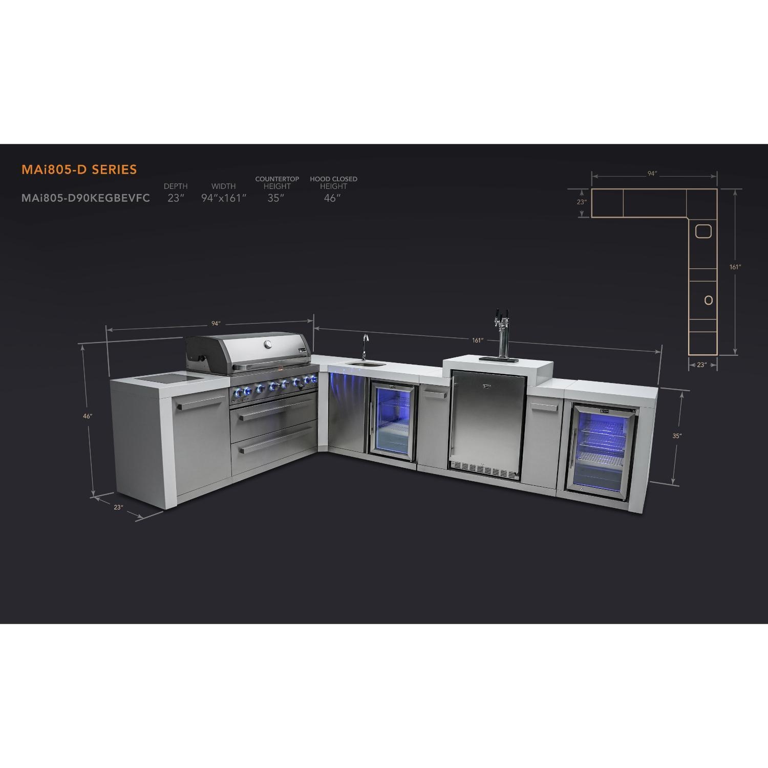 Mont Alpi 805 Deluxe Natural Gas Island w/ 90 Degree Corner, Kegerator, Beverage Center & Fridge Cabinet (Ships Propane w/ Conversion Kit) - Dimensions - Dimensional thumbnail