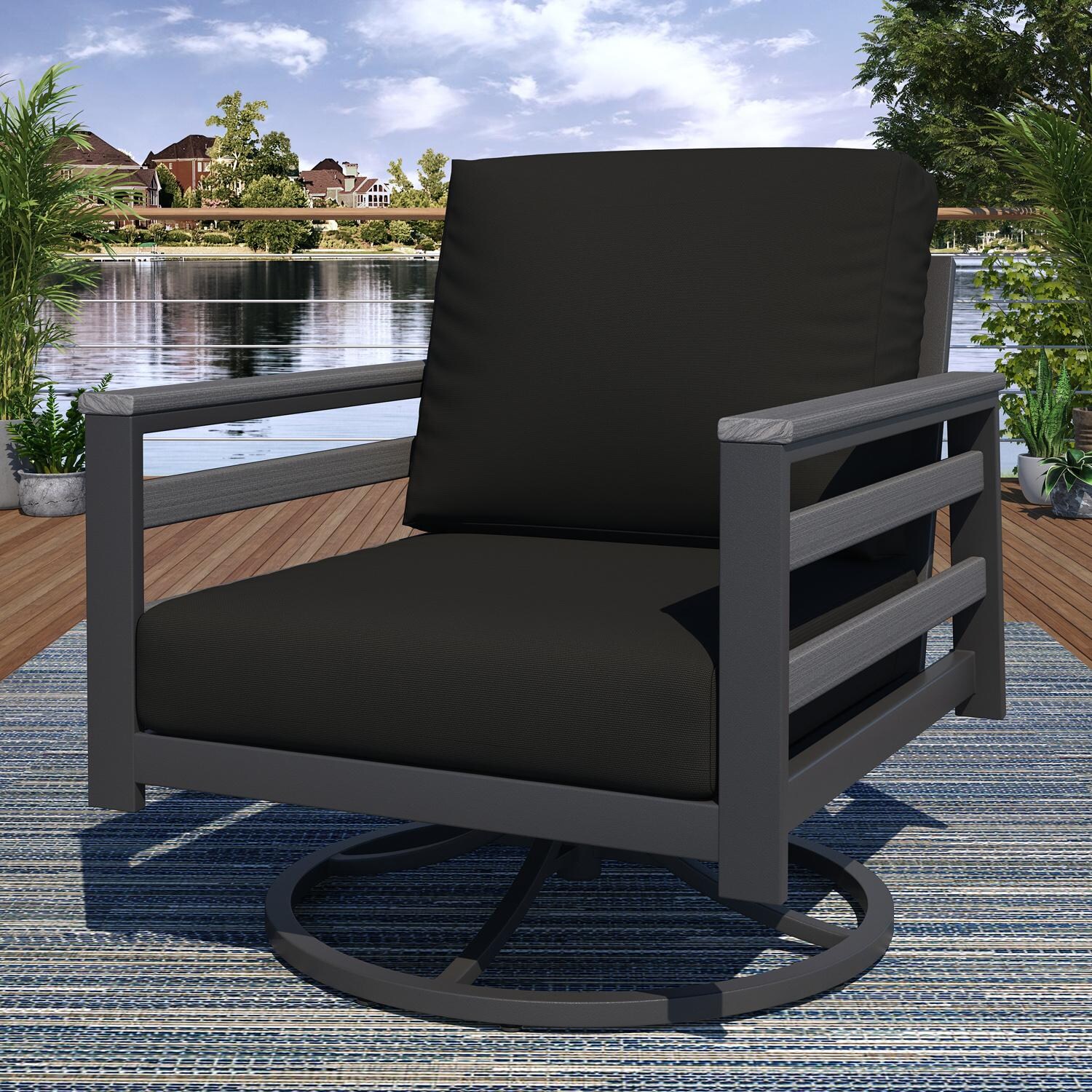 Lakeview NC6400TANGSLAT-9PC-CB Oasis Bay 9 Pc Aluminum Seating Set w/ Slat Side Panels in Gray/Canvas Black - Swivel Chair - Lifestyle thumbnail