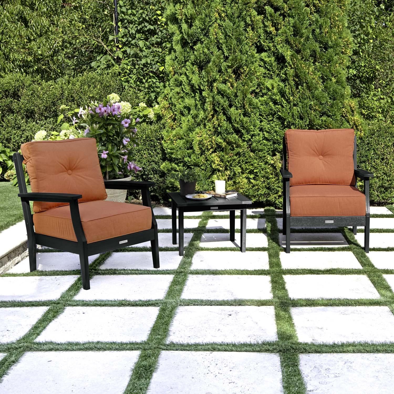 Blushing Bay 3 Pc Recycled Plastic Seating Set in Canvas Persimmon/Black by Lakeview Outdoor Designs - Angled Left - Lifestyle thumbnail