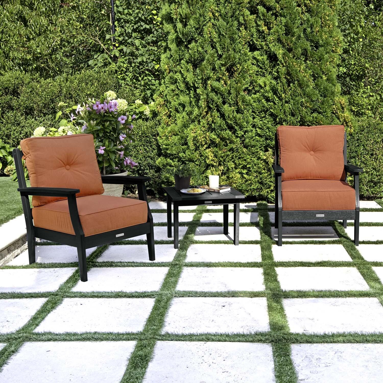 Blushing Bay 3 Pc Recycled Plastic Seating Set in Canvas Persimmon/Black by Lakeview Outdoor Designs - Angled Left - Lifestyle thumbnail