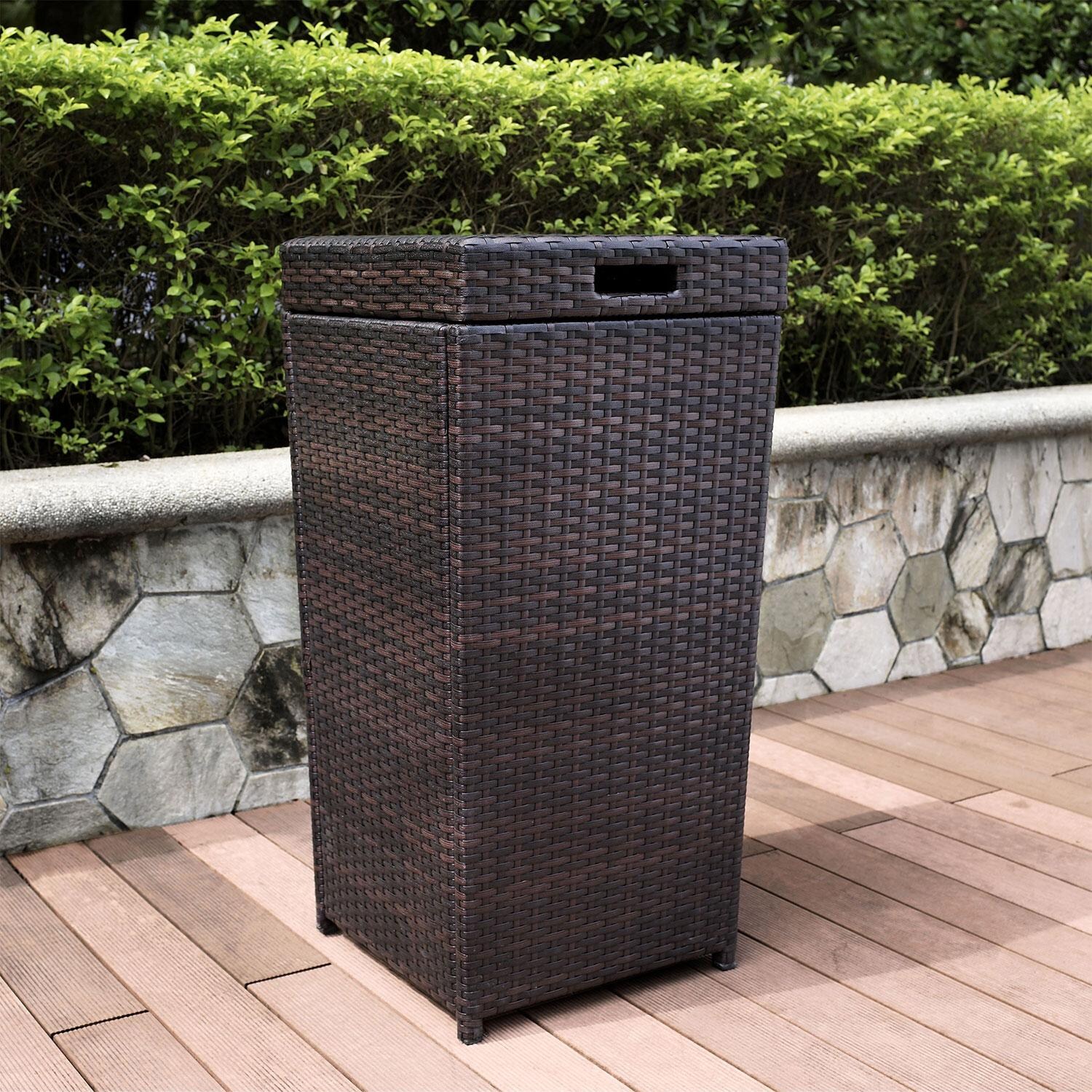 Chester Bay Wicker Outdoor Trash Can in Dark Brown by Ultimate Patio - Lifestyle thumbnail