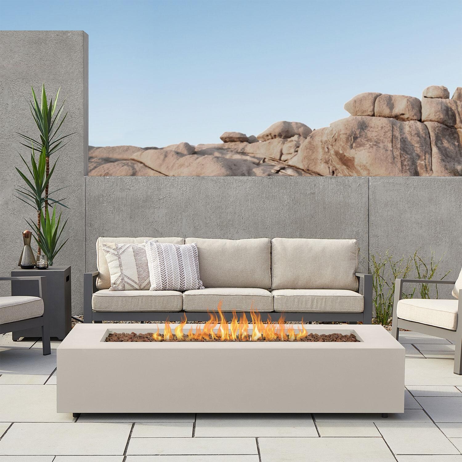 Elysian 70 Inch Rectangular Steel Propane Fire Pit Table in Light Sand by Lakeview Outdoor Designs - Lifestyle thumbnail