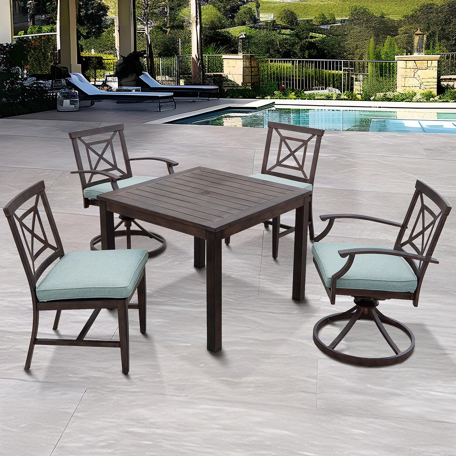 Atlantis 5 Pc Aluminum Dining Set w/ 2 Swivel Rockers and Spa Cushions in Walnut By Darlee - Lifestyle thumbnail