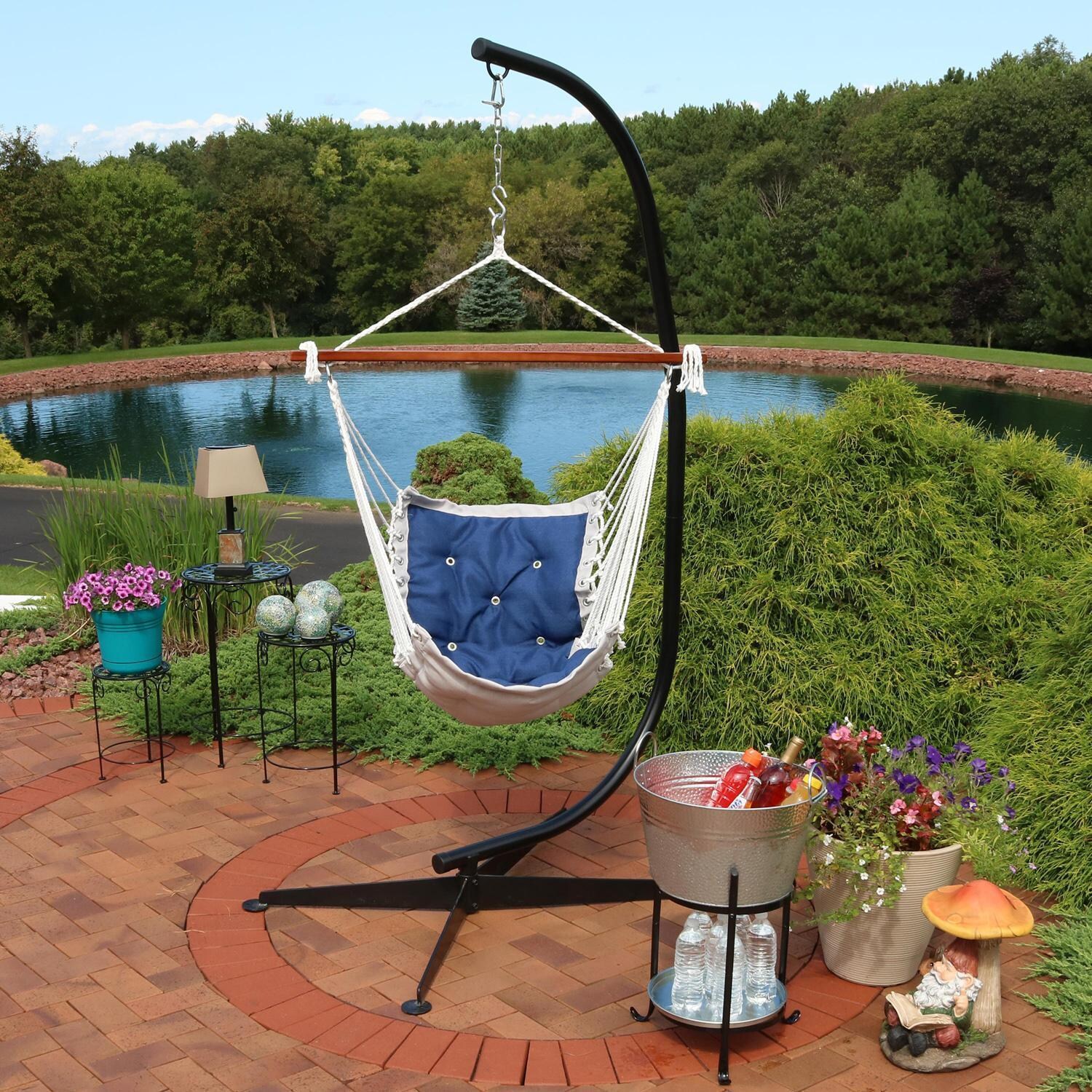 Ultimate Patio Tufted Victorian Hanging Hammock Swing w/ C-Stand - Navy Blue - Lifestyle thumbnail