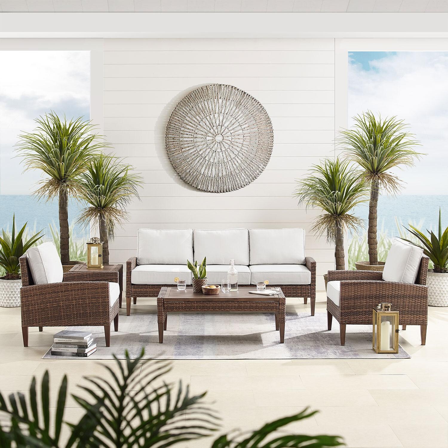 Ultimate Patio UP-92430BR-CR 5Pc Wicker Outdoor Sofa Patio Furniture Set in Creme - Front View - Lifestyle thumbnail