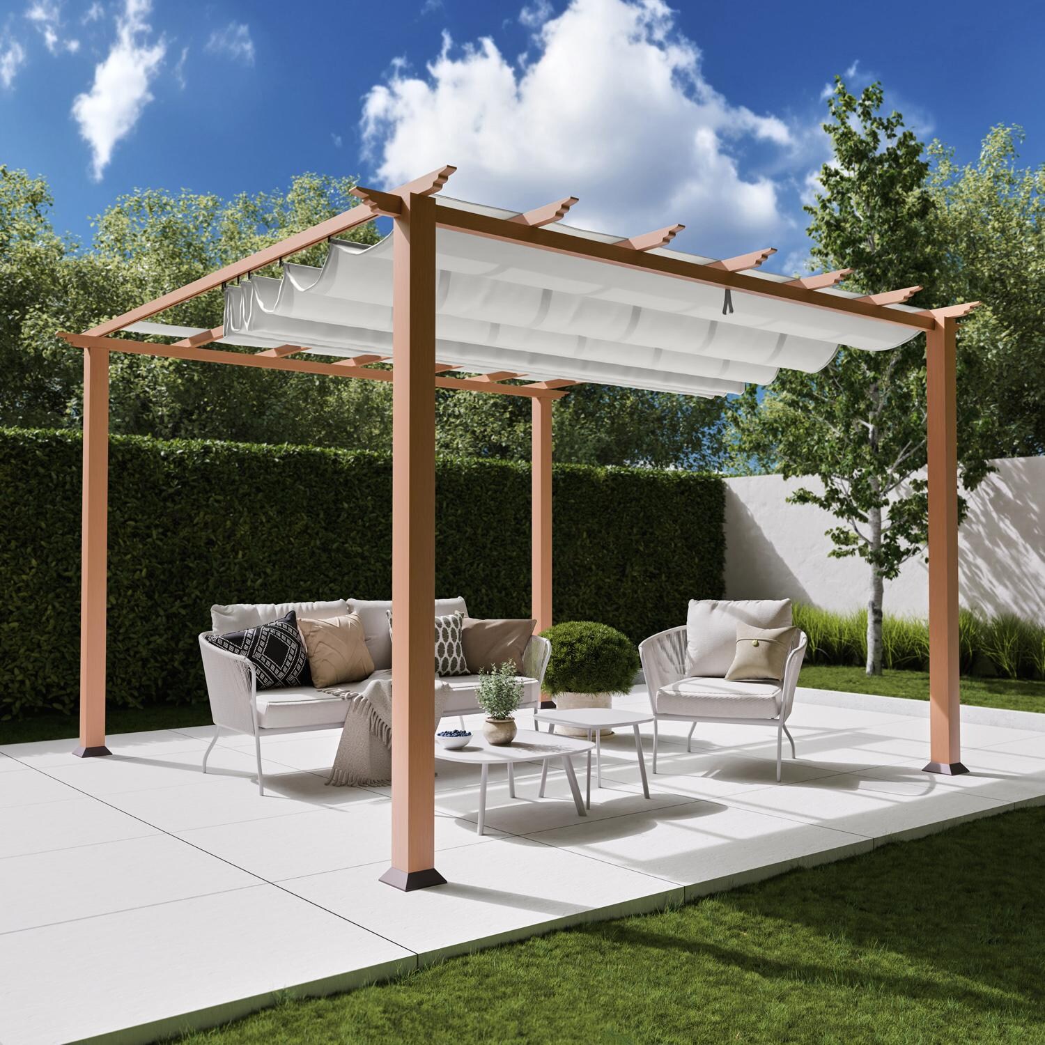 Paragon Outdoor PR11WD1W Florence 11' x 11' Cedar Pergola w/ White Canopy - Angled on Patio - Lifestyle thumbnail