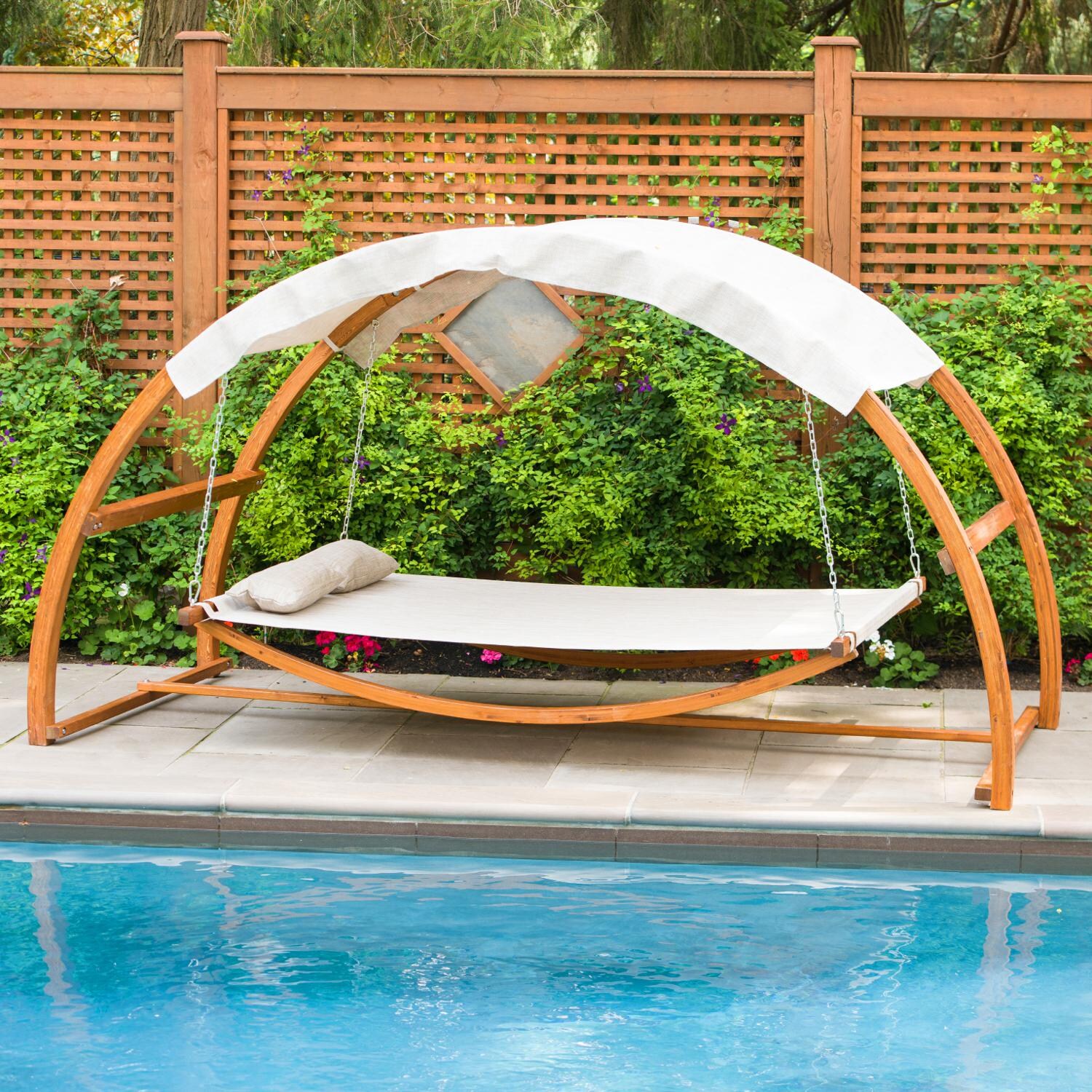 Leisure Season 10 1/2 Foot Wood Outdoor Swing Bed With Canopy - By the Pool thumbnail