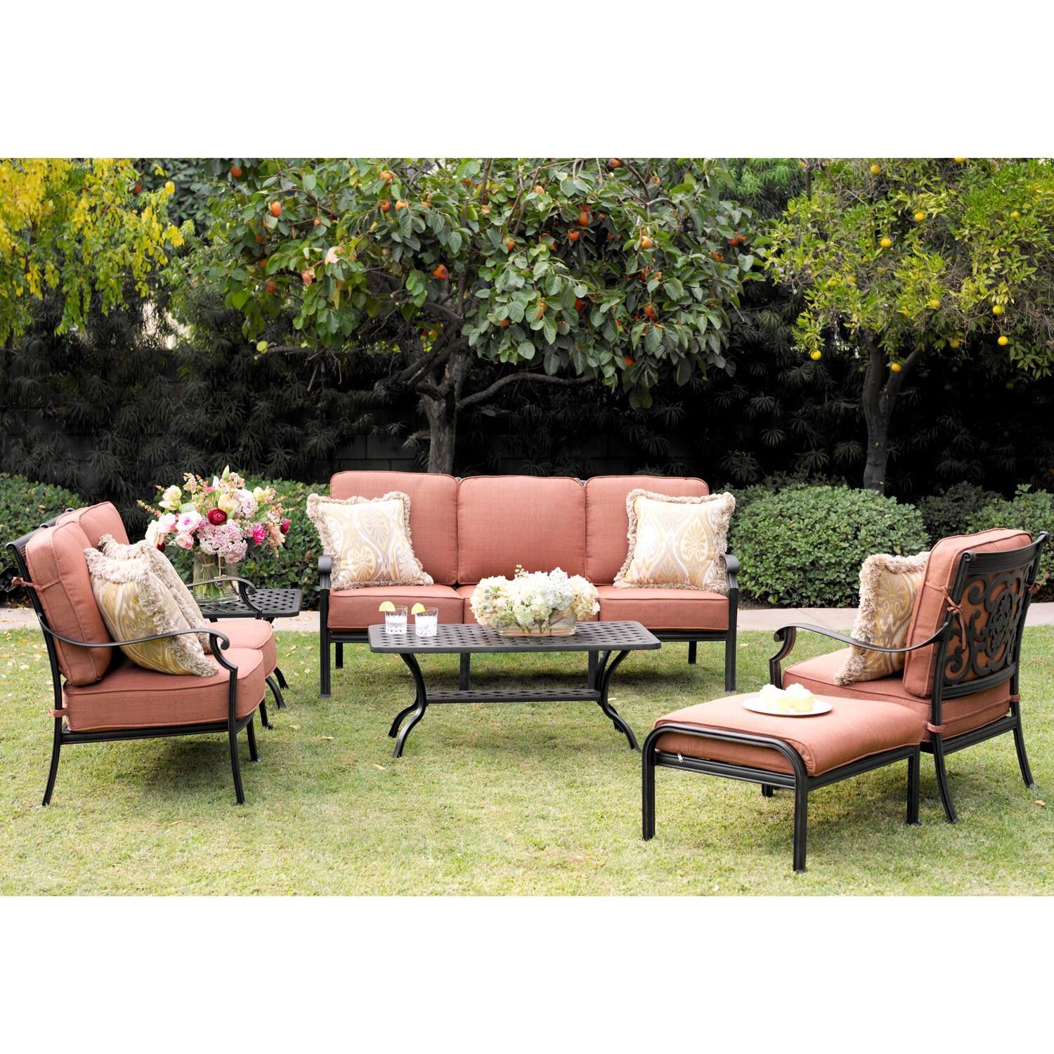 Darlee B/DL108-6PC-30AB St. Cruz 6 Piece Cast Aluminum Patio Conversation Set W/ 21 Inch Square End Table, 42 X 21 Inch Rectangular Coffee Table & Spicy Chili Cushions - Lifestyle thumbnail