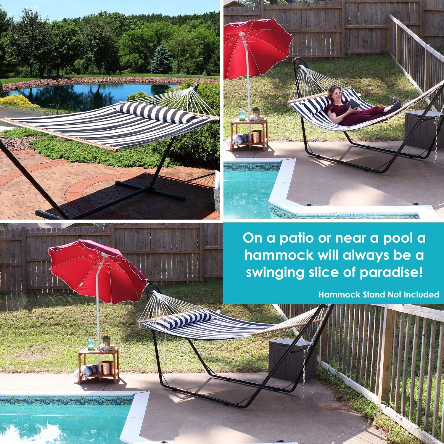 Ultimate Patio Quilted Double Hammock w/ Pillow - Black and White Stripe - Poolside Setting - Lifestyle thumbnail