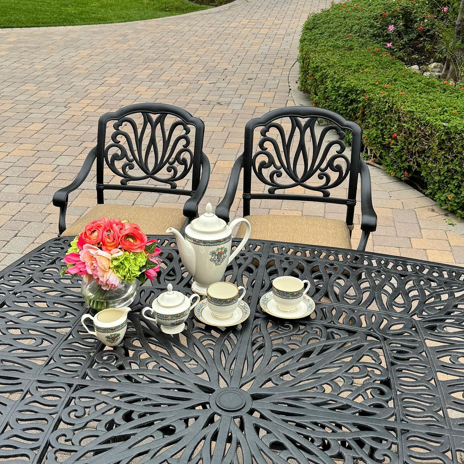 Elisabeth 9 Pc Cast Aluminum Dining Set w/ Swivel Rockers in Antique Bronze by Darlee - Close Up - Detail thumbnail