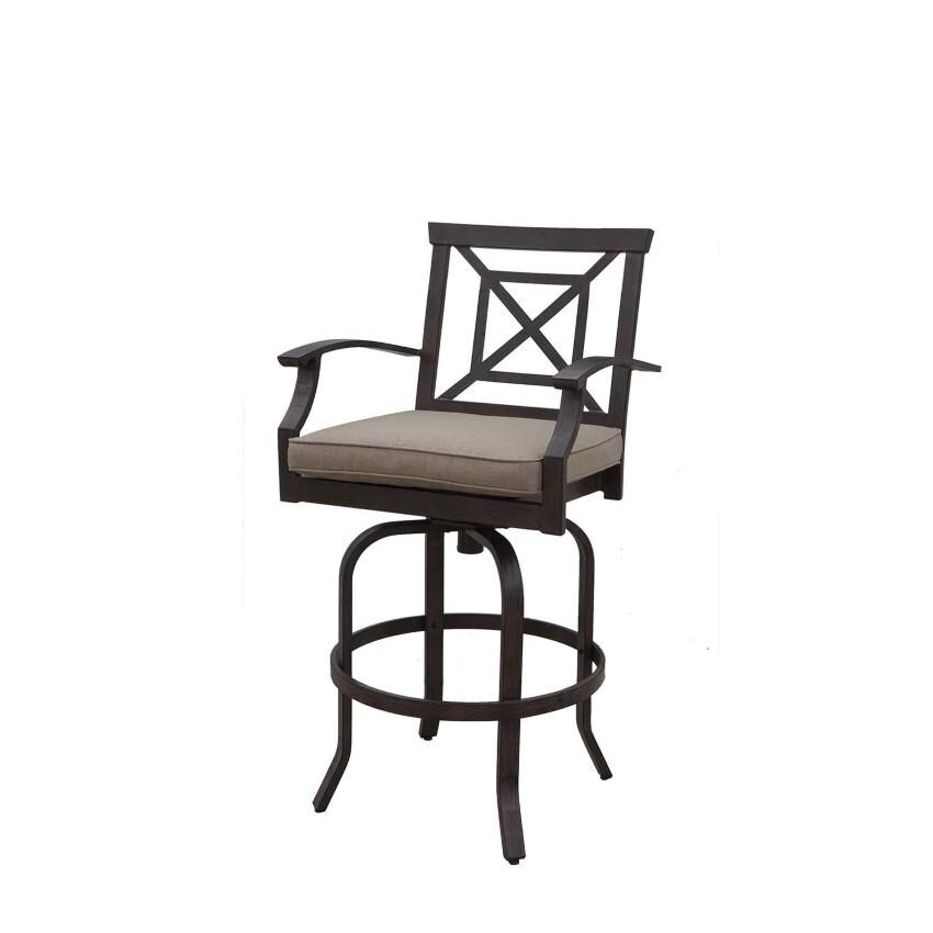 Atlantis Aluminum Swivel Bar Stool Set of 2 w/ Beige Cushions in Walnut By Darlee - Angled View - White Background thumbnail