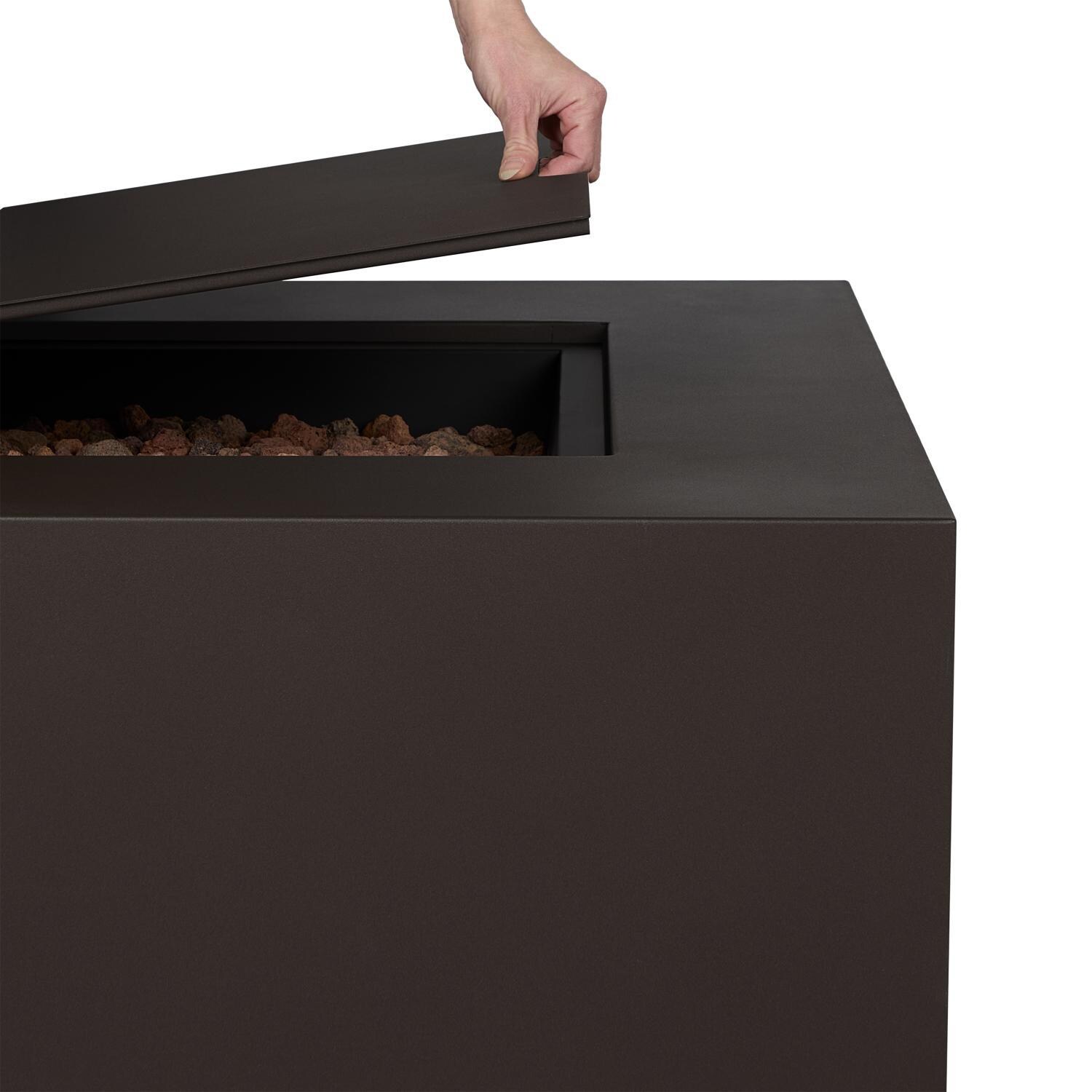 Elysian 50-in Rectangular Steel Propane Fire Pit Table in Dark Bronze by Lakeview Outdoor Designs - Easy Drop-In Lid - Detail thumbnail