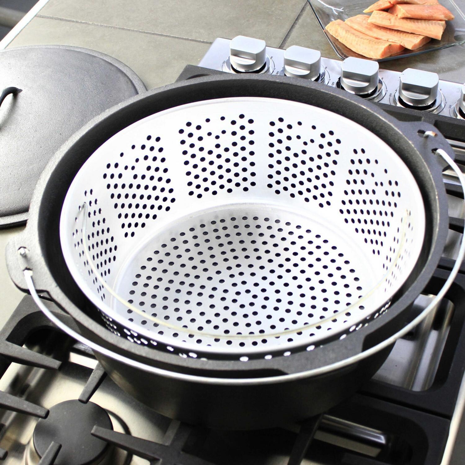 Cajun Cookware 20-Quart Unseasoned Cast Iron Dutch Oven With Fry Basket - Full View thumbnail