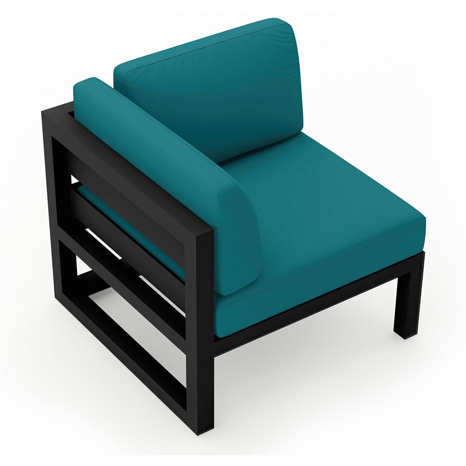 Lakeview MSTYCV-BK-CS-PC Misty Cove Aluminum Corner Club Chair in Black w/Spectrum Peacock Cushions by Lakeview Outdoor Designs - Angled Back - White Background thumbnail