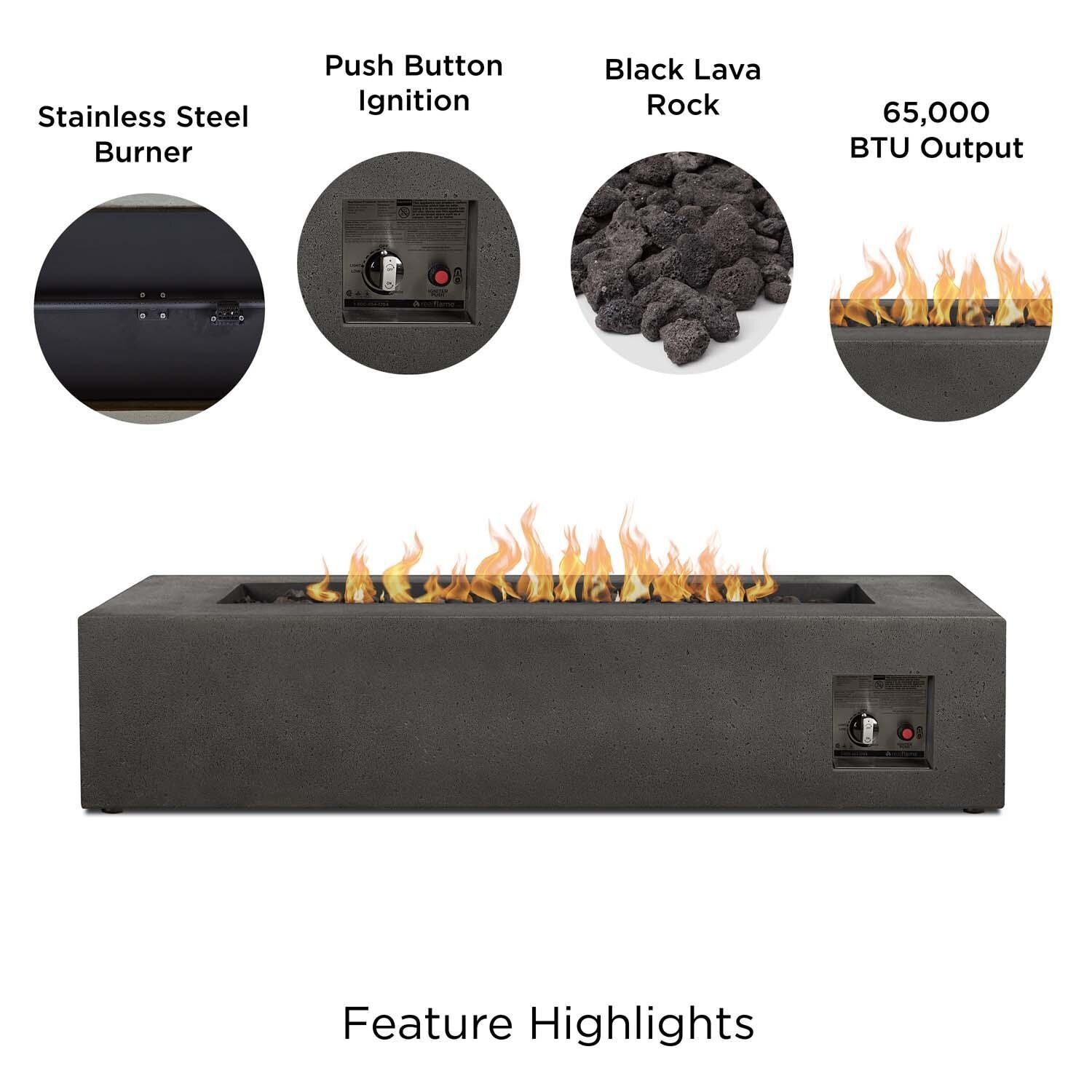 Hillview Bay 56 Inch Rectangular Glass Fiber Reinforced Concrete Propane Fire Pit Table in Carbon by BBQGuys Signature - Features thumbnail