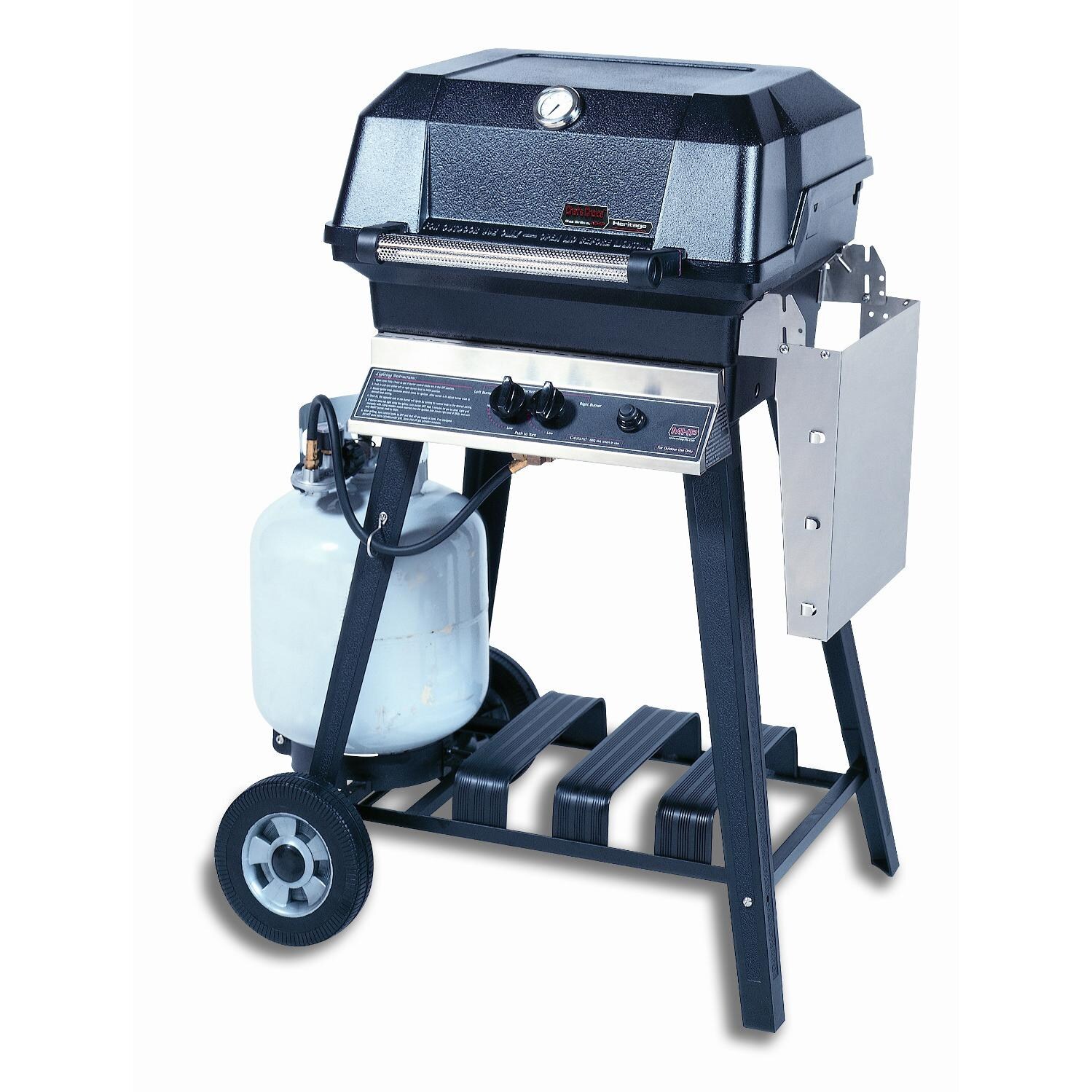 MHP JNR4DD Propane Gas Grill With Stainless Steel Shelves And SearMagic Grids On Aluminum Cart