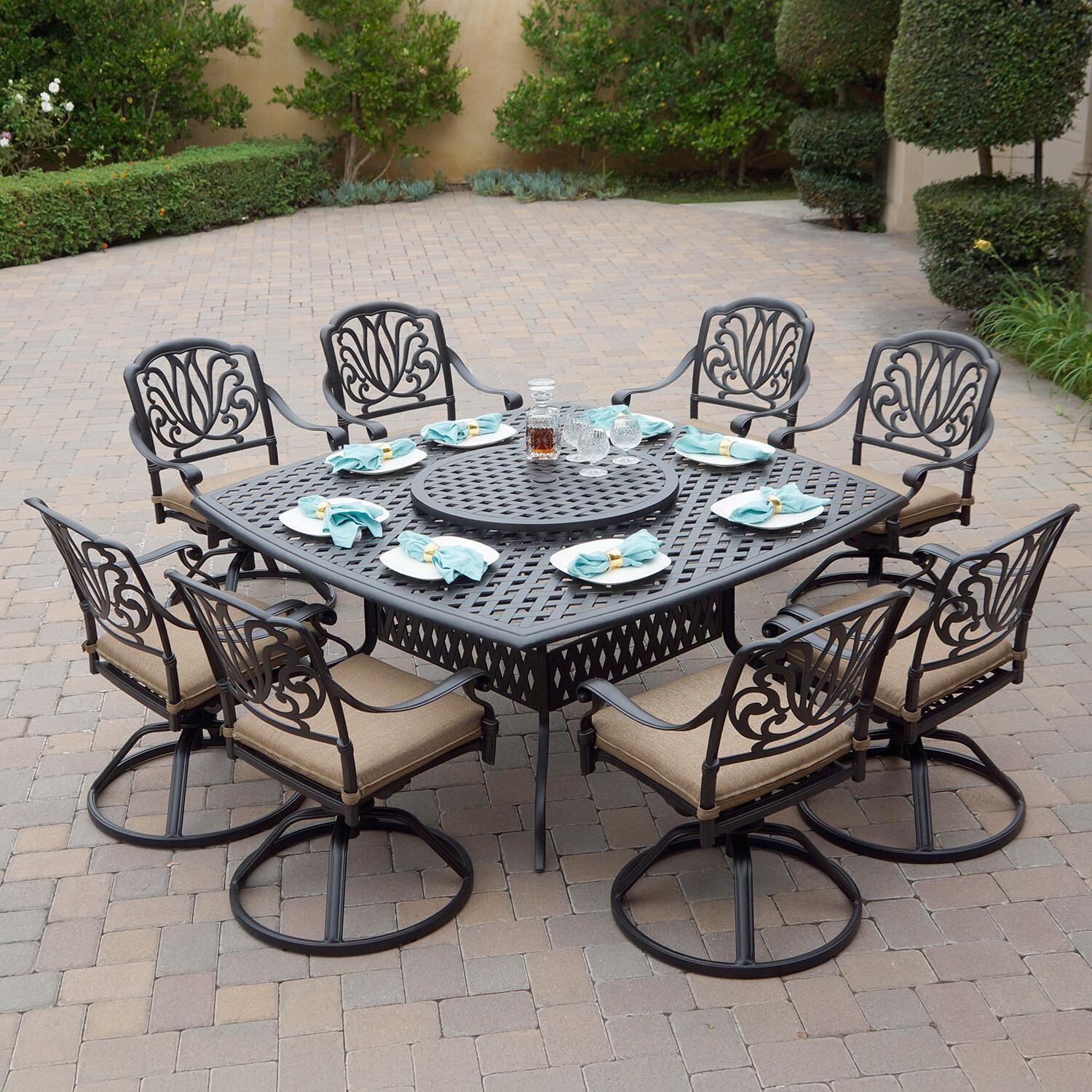 Elisabeth 10 Pc Cast Aluminum Dining Set w/ 64 Inch Series 30 Table & Swivel Rockers in Antique Bronze/Sesame by Darlee