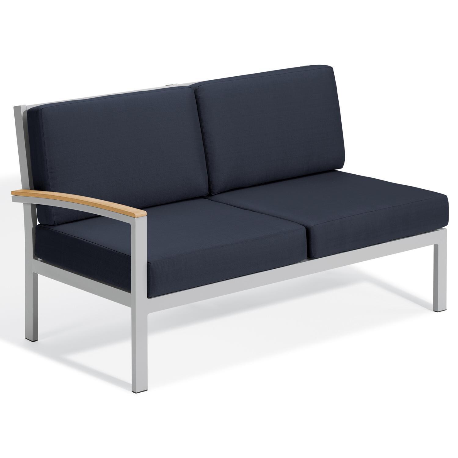 Travira Aluminum Sectional Left Arm Loveseat w/ Natural Tekwood Arm Caps in Flint/Midnight Blue by Oxford Garden