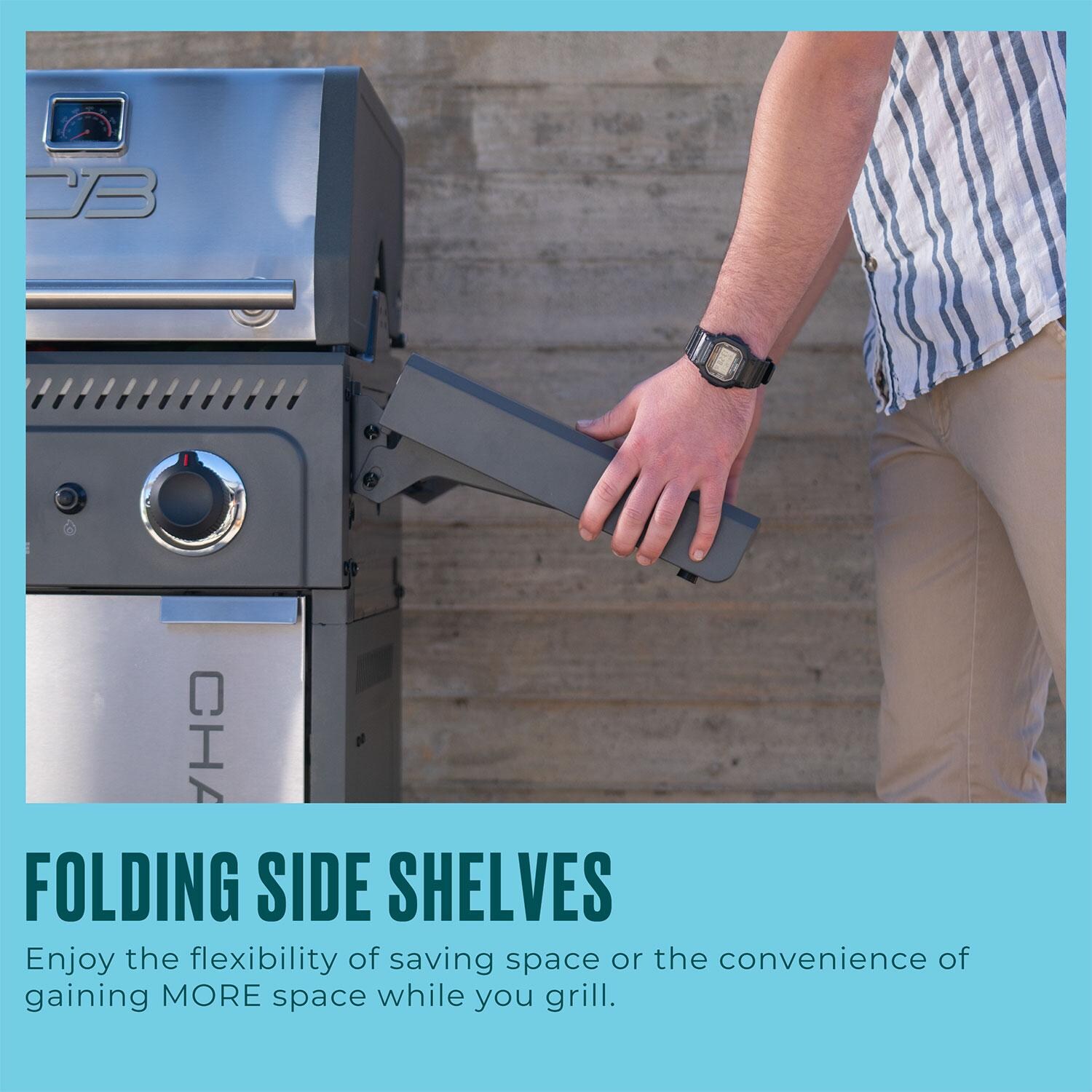 Charbroil 463663125 Performance Series 2 Burner Propane Grill Cabinet W/ Foldable Side Shelves, Grey & Stainless Steel - Folding Shelves - Detail thumbnail