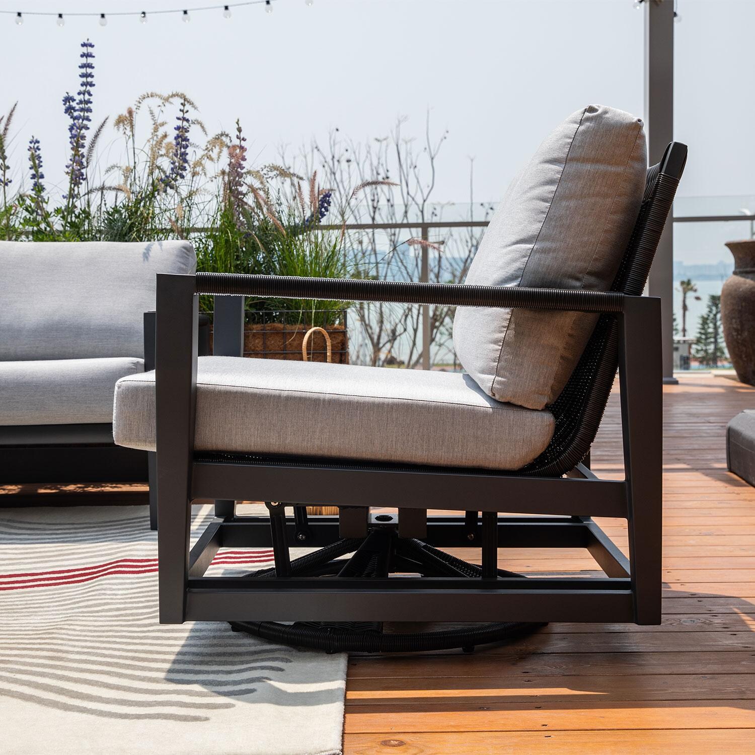 Elementi OS-2506W Laguna Outdoor Aluminum Swivel Club Chair w/ Sunbrella Cushions - Side View - Lifestyle thumbnail