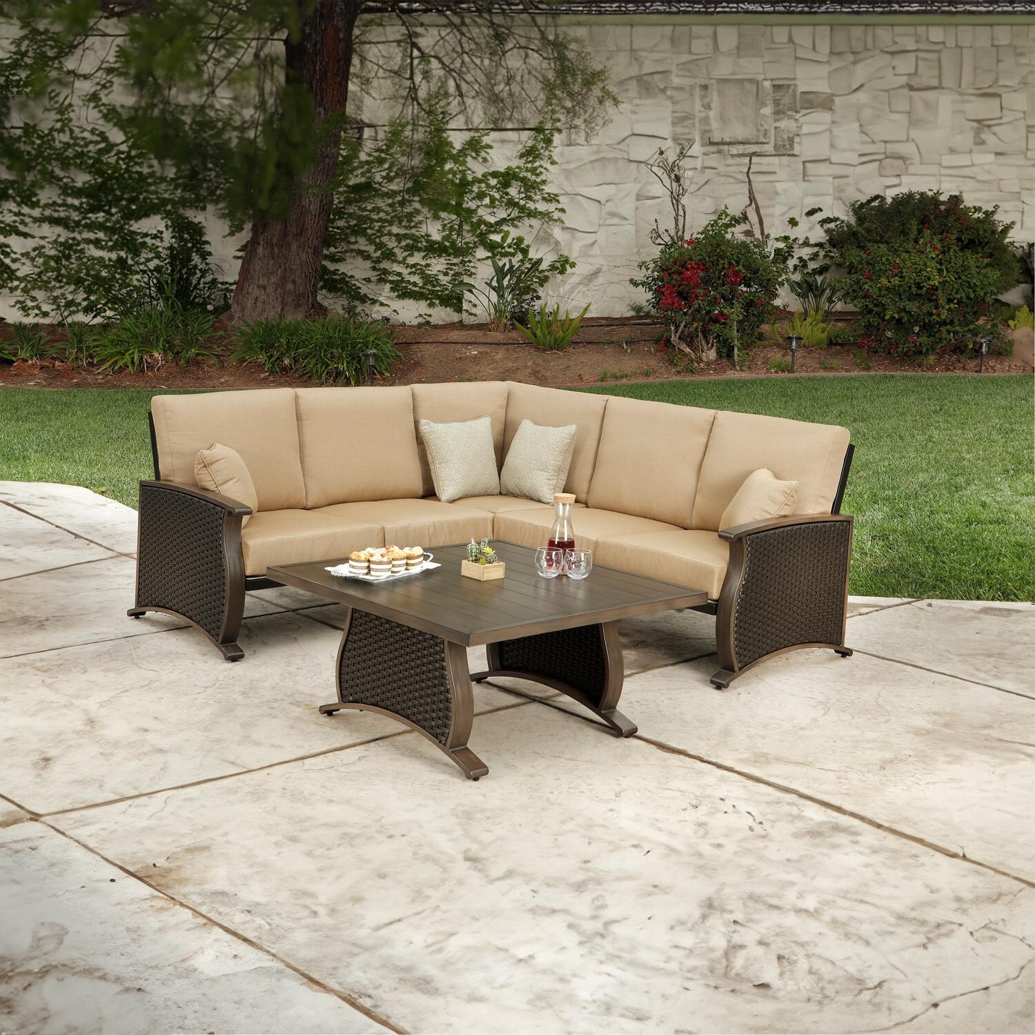 Lakeview Dalzeel 4 Piece Wicker & Aluminum Patio Sectional Set W/ 40-Inch Square Table & Brown Cushions