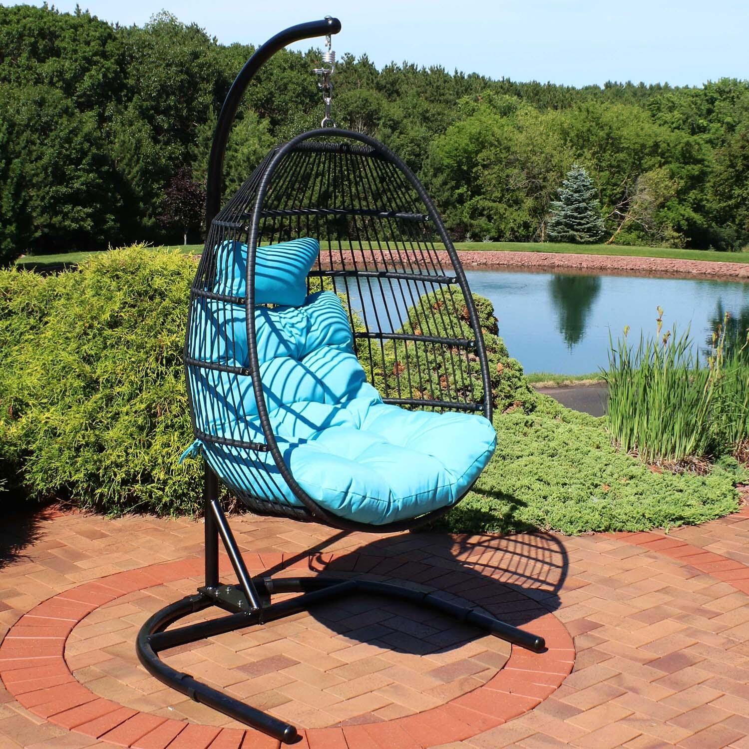 Egg Chair w/Cushion & Stand in Blue By Ultimate Patio - Lifestyle thumbnail