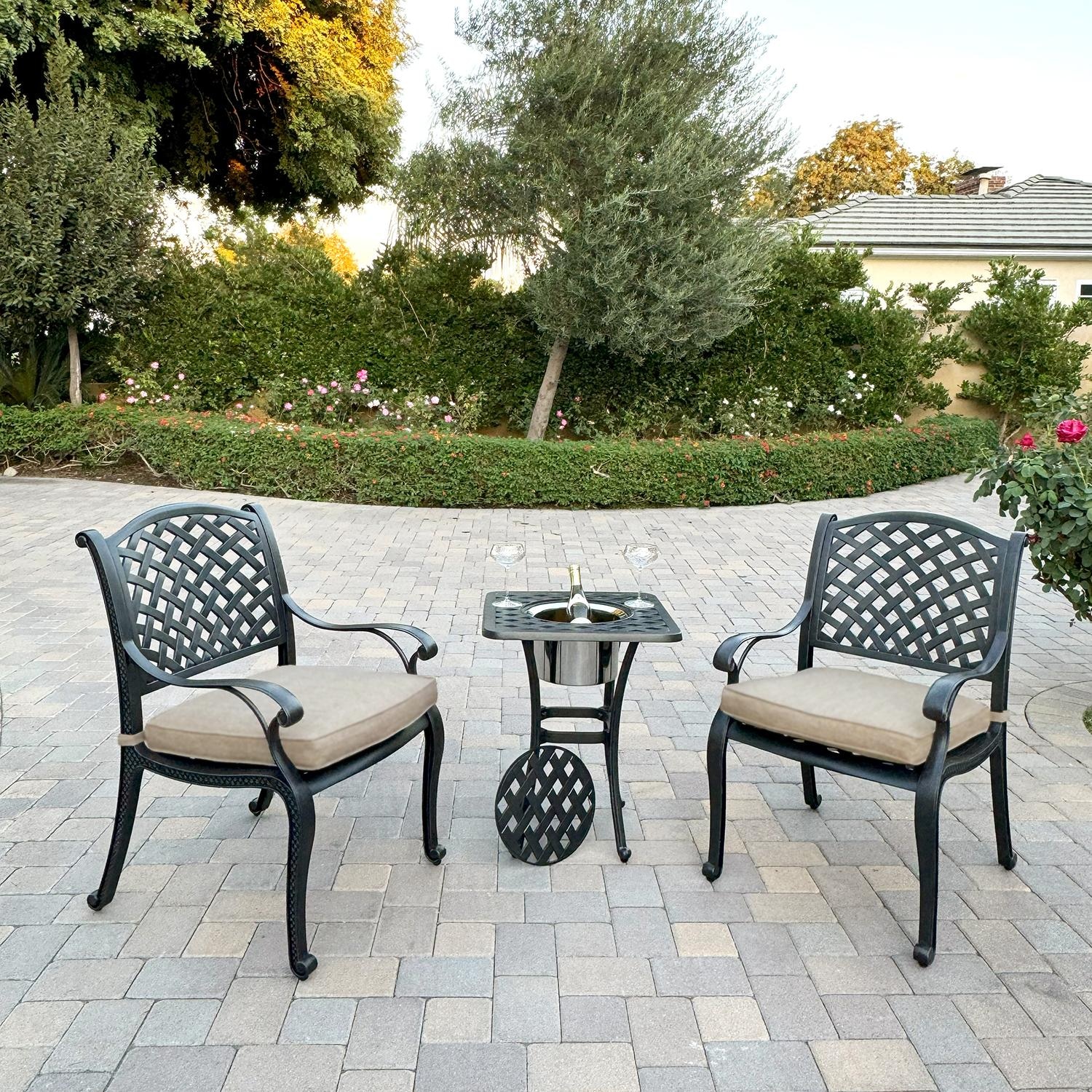 Darlee Nassau 3 Pc Cast Aluminum Conversation Set w/ Ice Bucket in Antique Bronze w/ Beige Canvas Cushions By - B/DL13-3PC-30SQ-S