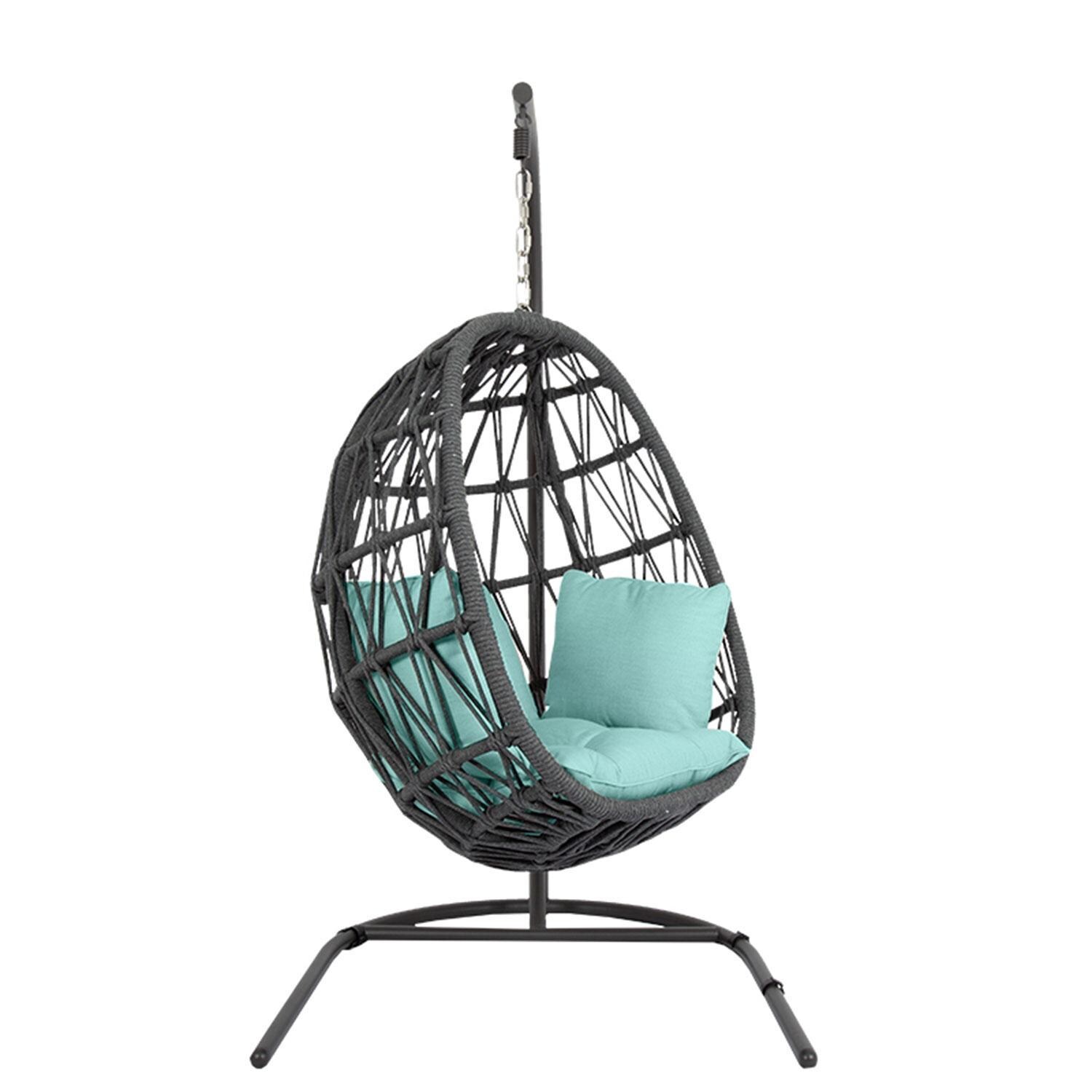Milano Aluminum & Olefin Rope Patio Hanging Chair in Dupione Celeste w/ Self Welt By Sunset West - Side View - White Background thumbnail