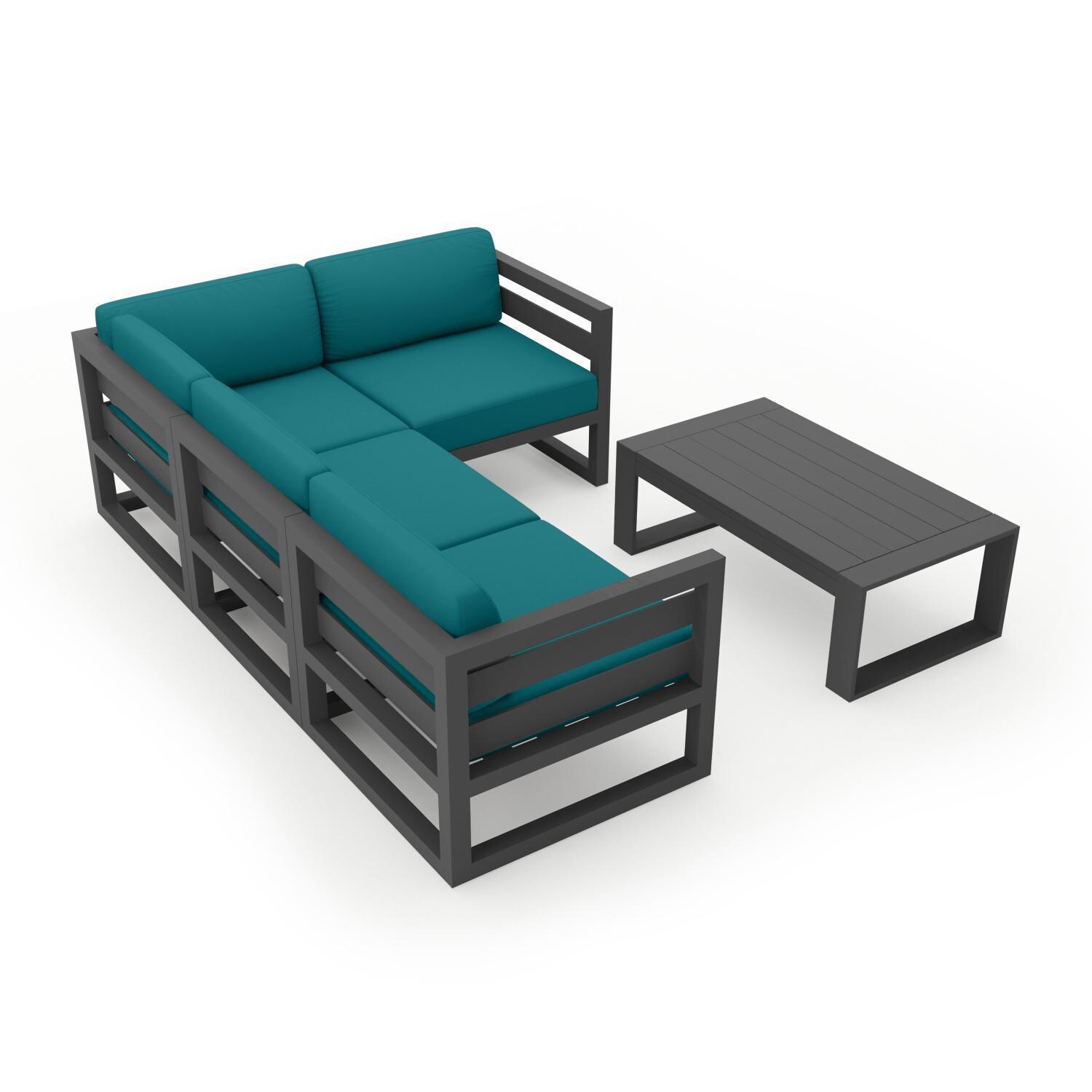 Misty Cove 5 Piece Sectional Set in Slate w/Portal Coffee Table & Spectrum Peacock Cushions by Lakeview - Complete Set - White Background thumbnail