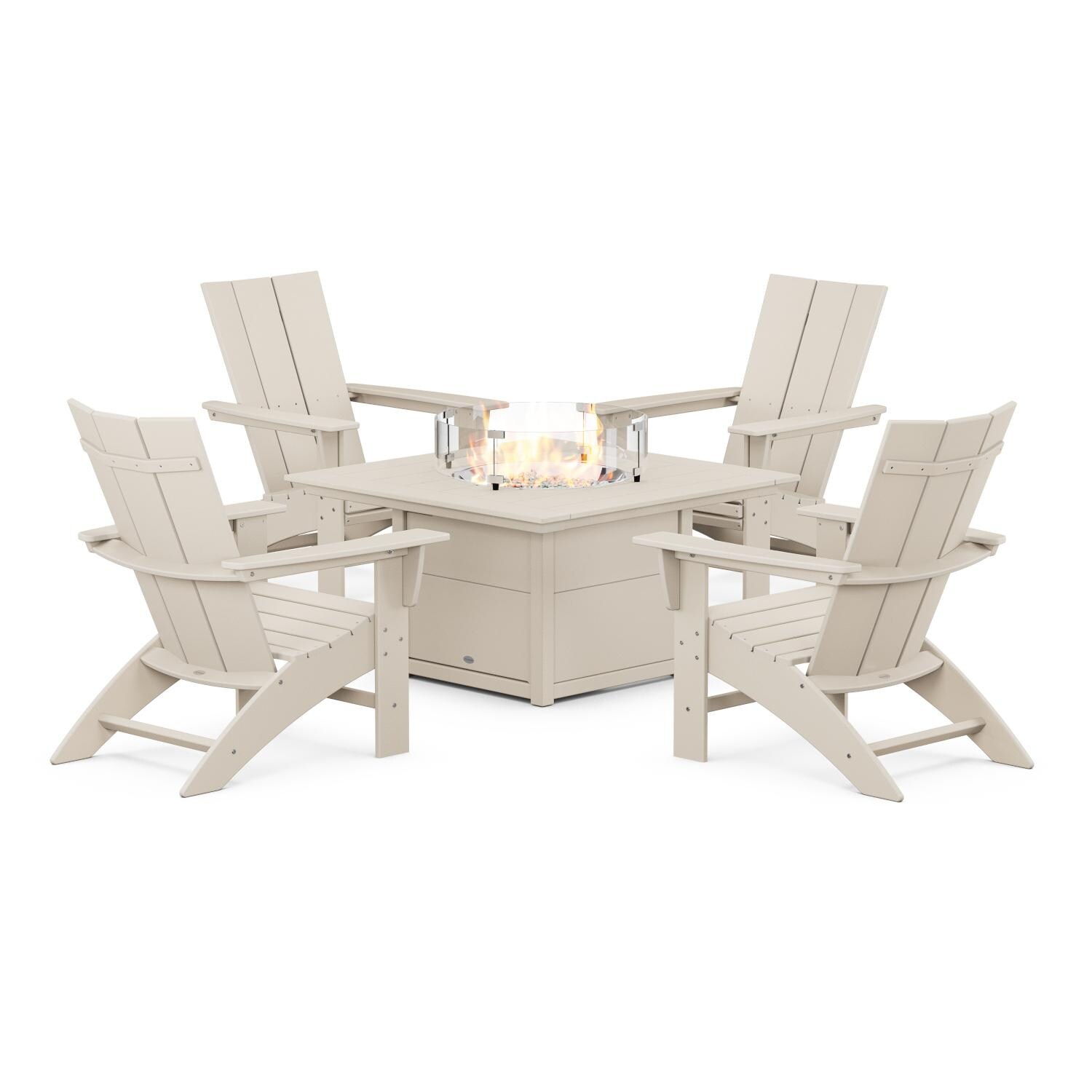Modern Adirondack 5 Pc Recycled Plastic Fire Pit Seating Set w/ Curveback Chairs in Sand by POLYWOOD