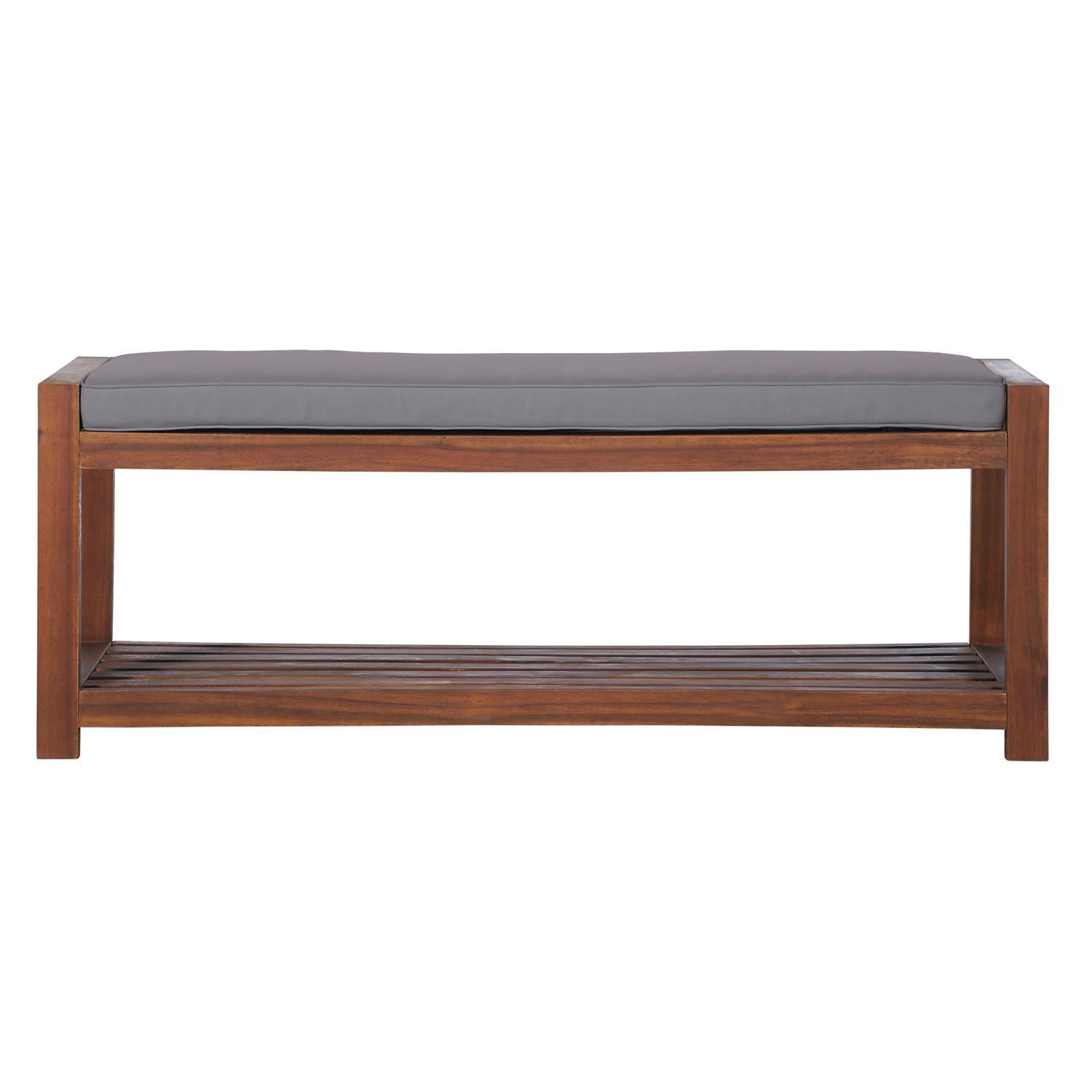 Ultimate Patio Wishlake 48 Inch Acacia Patio Bench W/ Storage Shelf & Gray Cushion - Dark Brown - Front View thumbnail