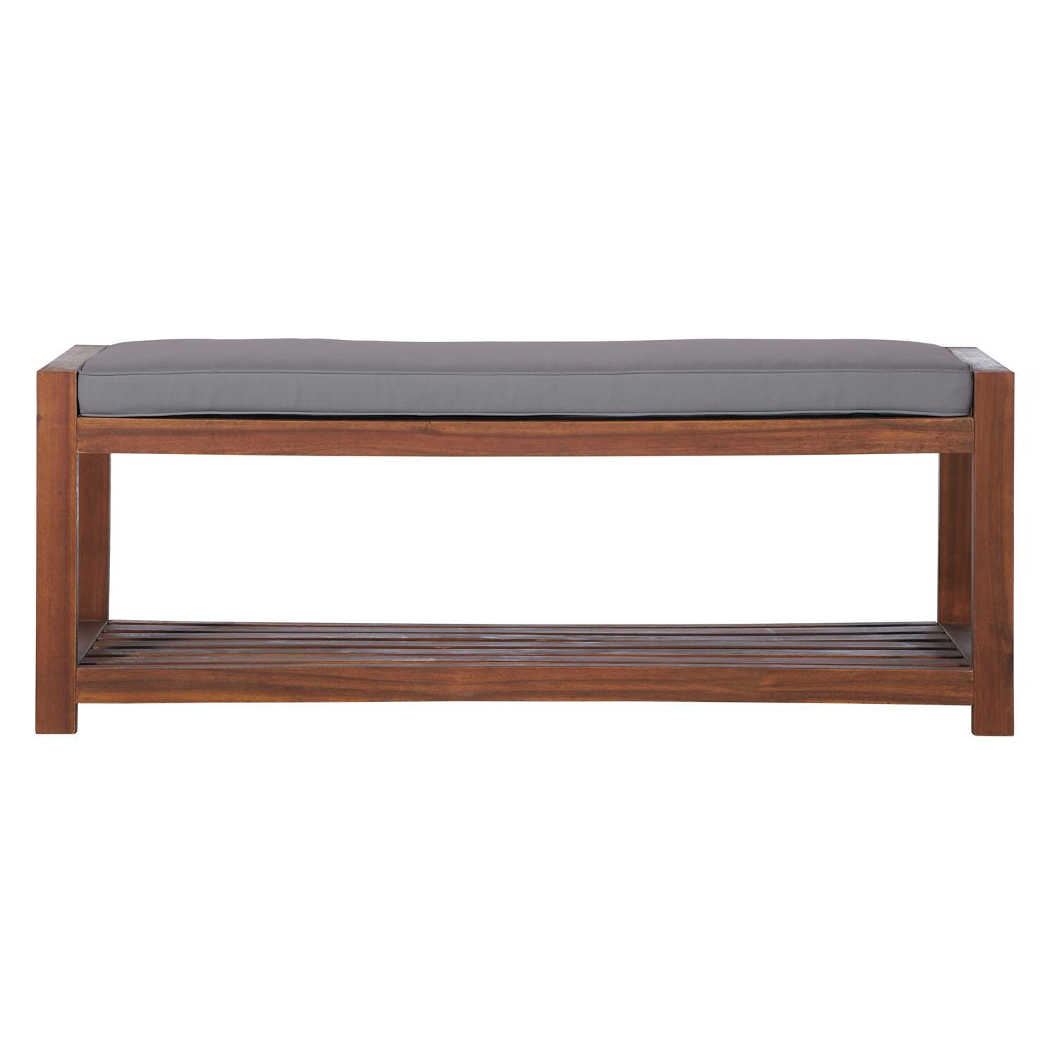Ultimate Patio Wishlake 48 Inch Acacia Patio Bench W/ Storage Shelf & Gray Cushion - Dark Brown - Front View thumbnail