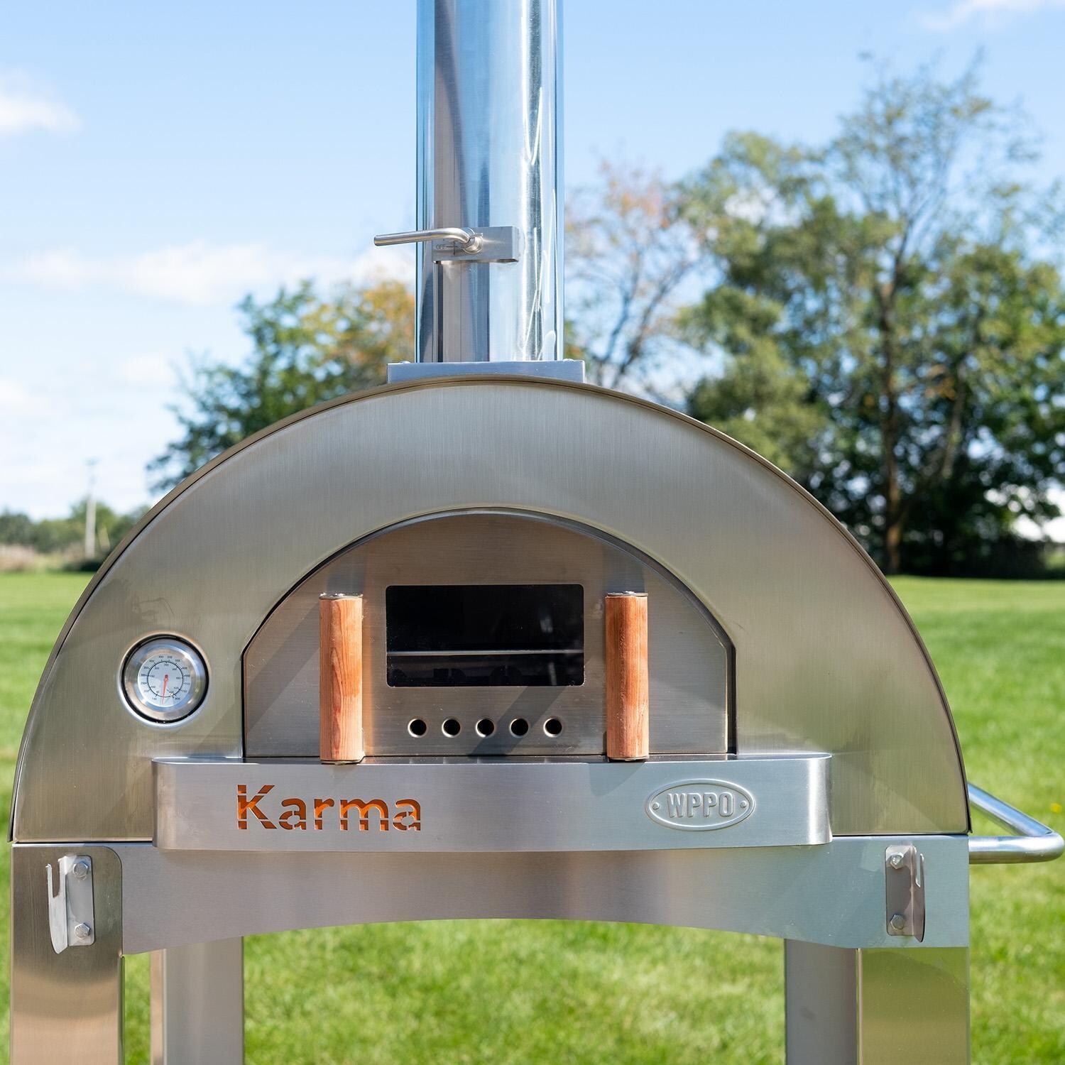 WPPO WKK-02S Karma 32-in Wood Fired Pizza Oven w/ Stainless Steel Cart - Close Up - Lifestyle thumbnail