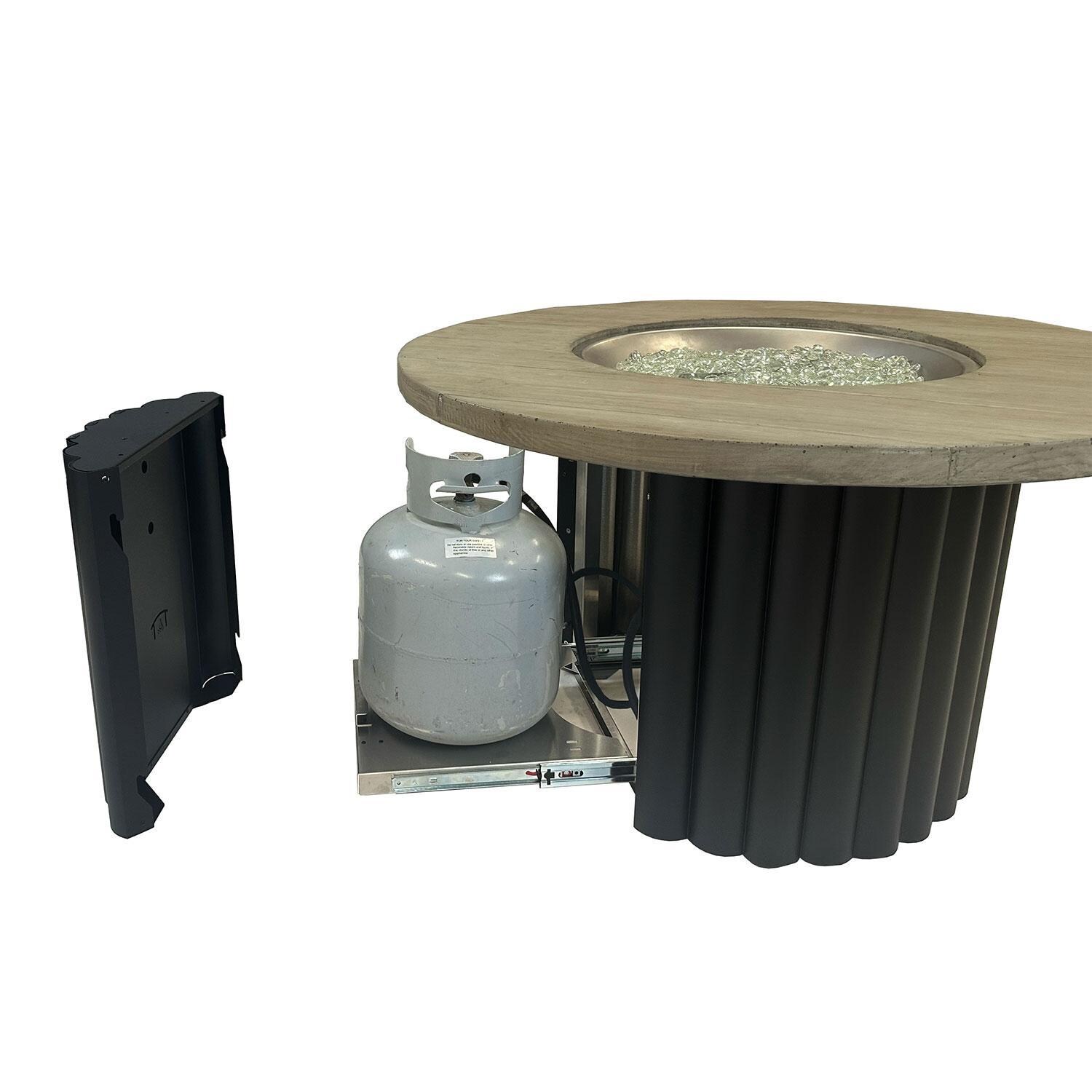 Reverie REVSBL-42-K-NG 42-in Round Aluminum Natural Gas Fire Pit Table w/ Smokey Oak Supercast Top & Black Base (Ships Propane w/ Conversion Kit) - Tank Drawer - White Background thumbnail