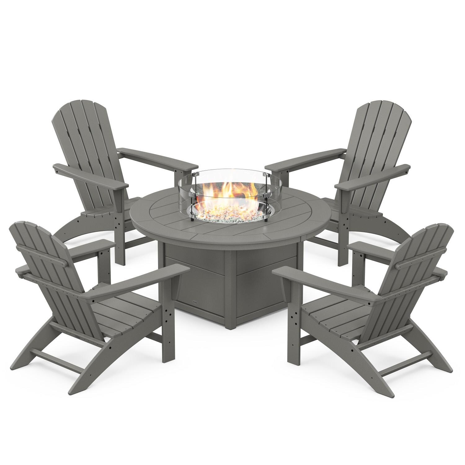 POLYWOOD PWS707-1-GY Nautical 5-Piece Adirondack Chair Conversation Set w/ Fire Pit Table thumbnail