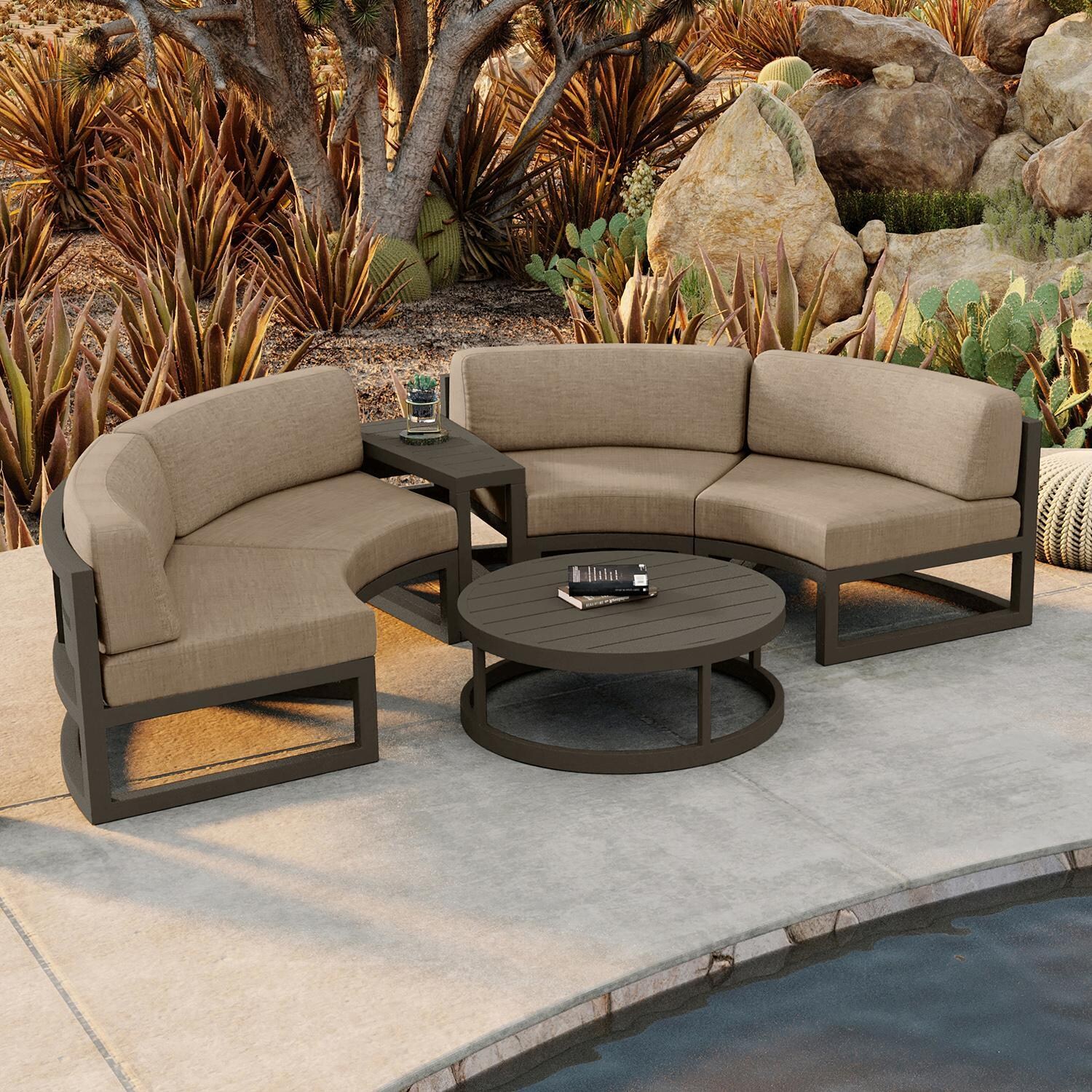 Misty Cove 4 Piece Curve Sectional Set in Slate w/Coffee Table & Heather Beige Cushions by Lakeview - By Pool - Lifestyle thumbnail