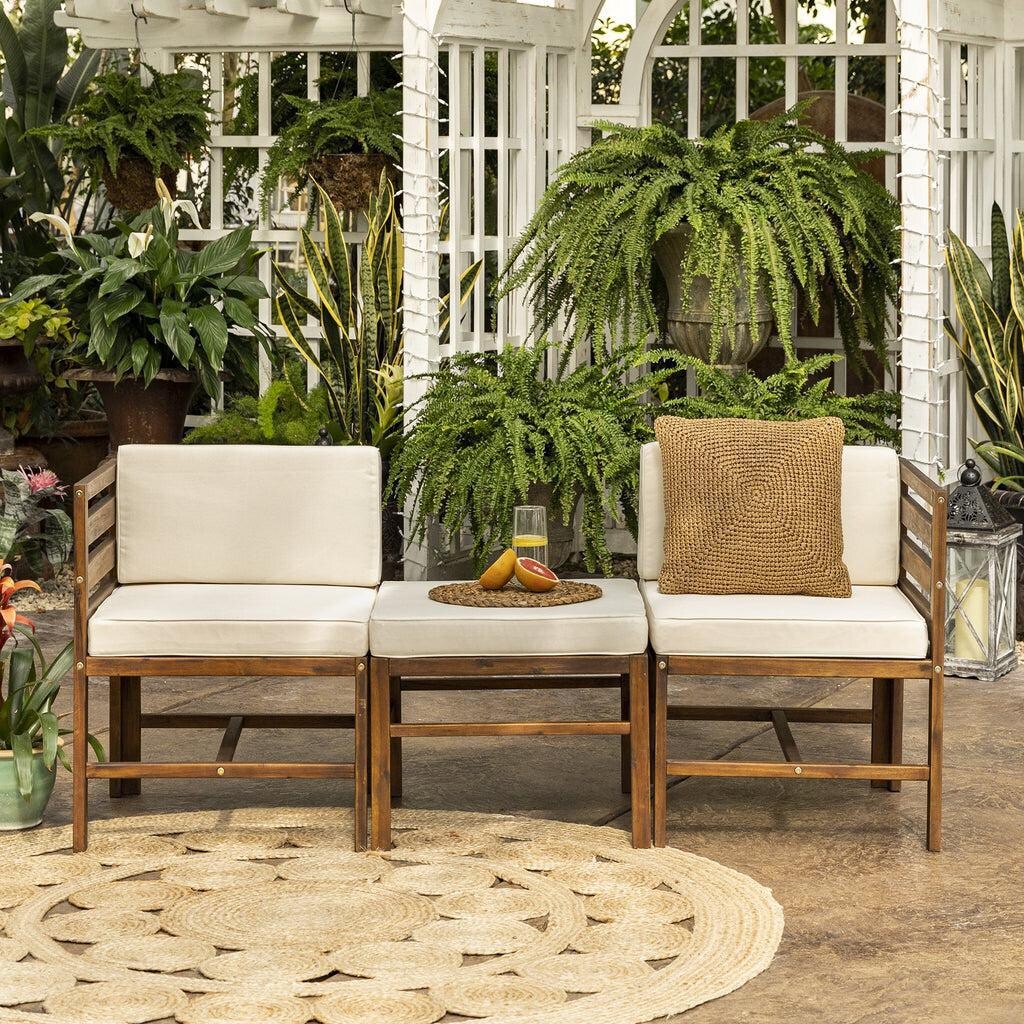 Ultimate Patio Bellelot 3 Piece Acacia Patio Sectional Set W/ 23 1/2 Inch Square Ottoman - Dark Brown/Cream - 3 Seat Lifestyle thumbnail