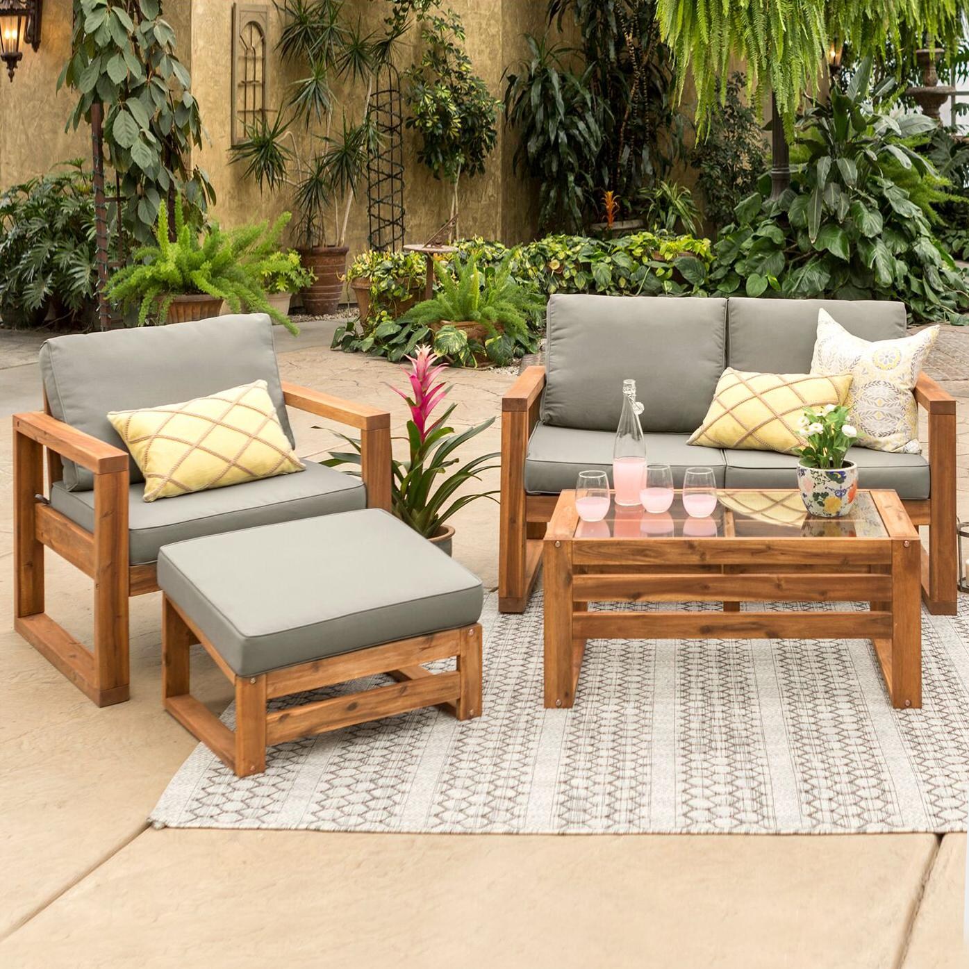 Hudson 4 Piece Acacia Patio Conversation Set W/ Gray Cushions By Walker
