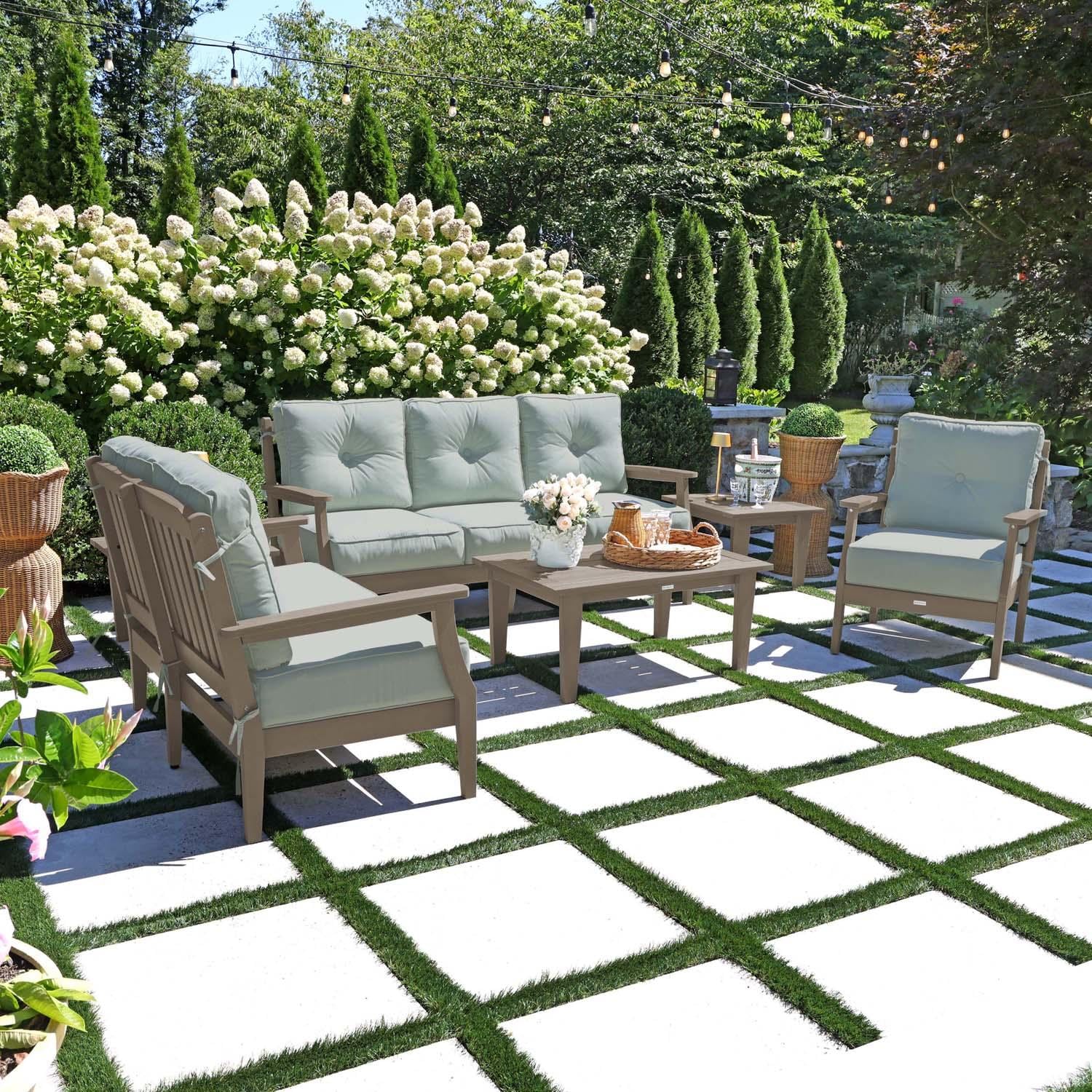 Blushing Bay 6 Pc Recycled Plastic Grand Seating Set in Canvas Seasalt/Woodland Brown by Lakeview Outdoor Designs - Left Angled - Lifestyle thumbnail