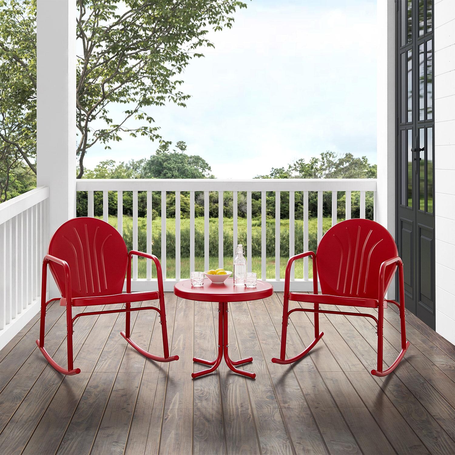 Ultimate Patio UP-32253RE 3Pc Retro Outdoor Rocking Chair Set in Red Gloss - On Porch - Lifestyle thumbnail