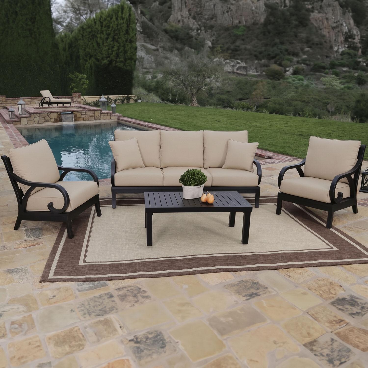 Monterey Aluminum Patio Club Chair in Canvas Natural w/ Self Welt By Sunset West - By The Pool - Styled W/ Outdor Furniture (Only One Club Chair Included) - Lifestyle thumbnail