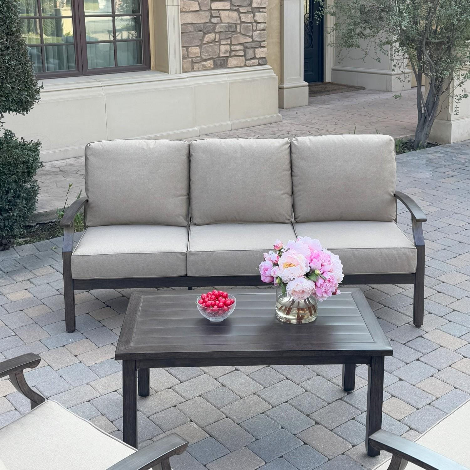 Atlantis 4 Pc Aluminum Seating Set w/ Sofa & 2 Club Chairs in Walnut/Beige by Darlee - Sofa & Table - Lifestyle thumbnail